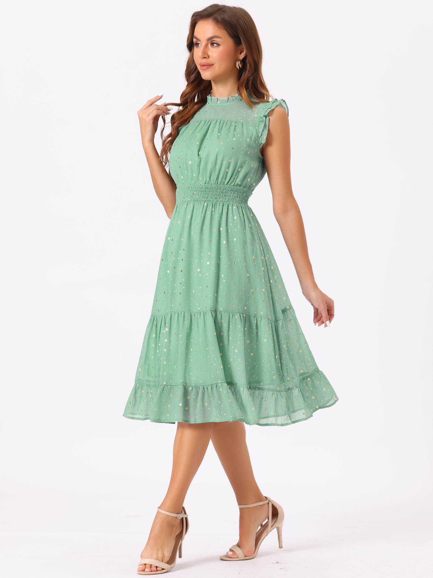 Chiffon Sleeveless Smocked Waist Gilding Metallic Stars Party Dress Green/M