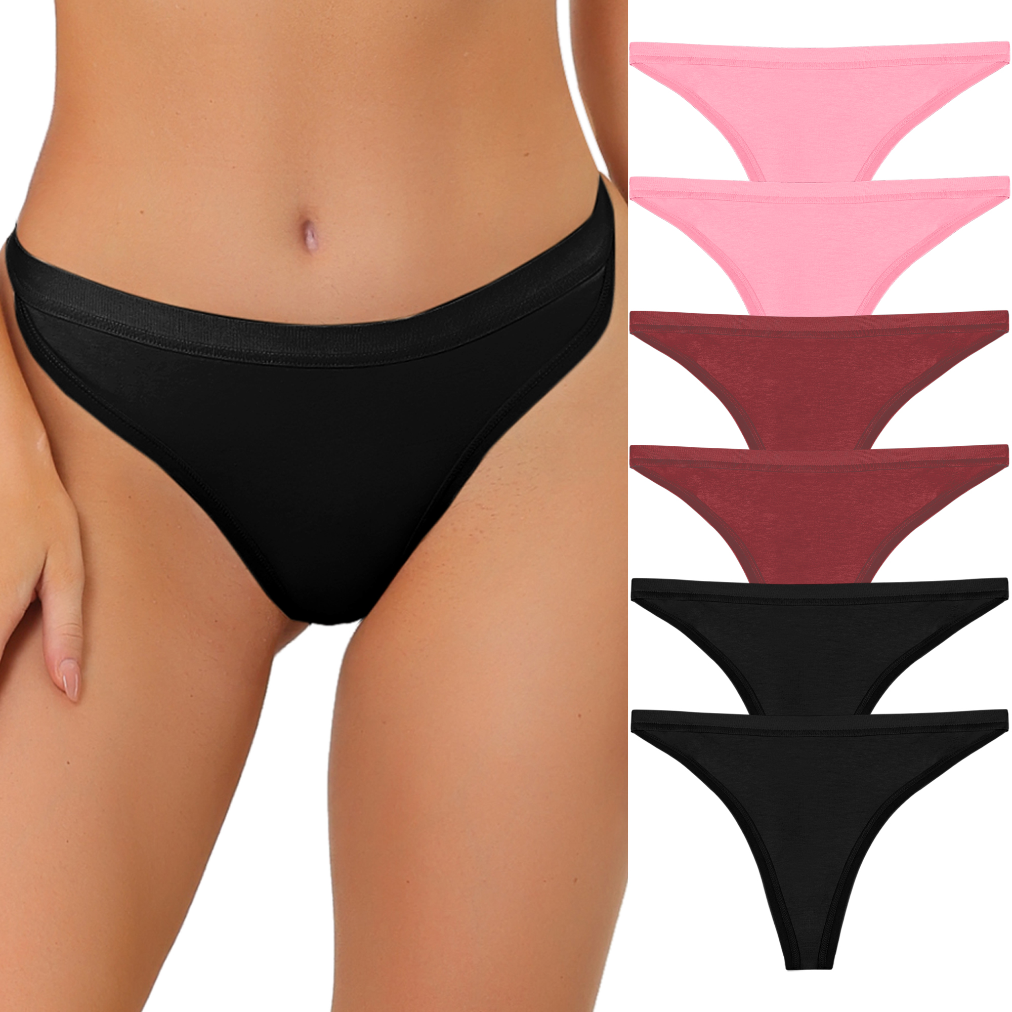 Thongs for Women Packs G-String Panties Breathable Hi-Cut Tangas Underwear 2 Rose Red/2 Burgundy/2 Black/S
