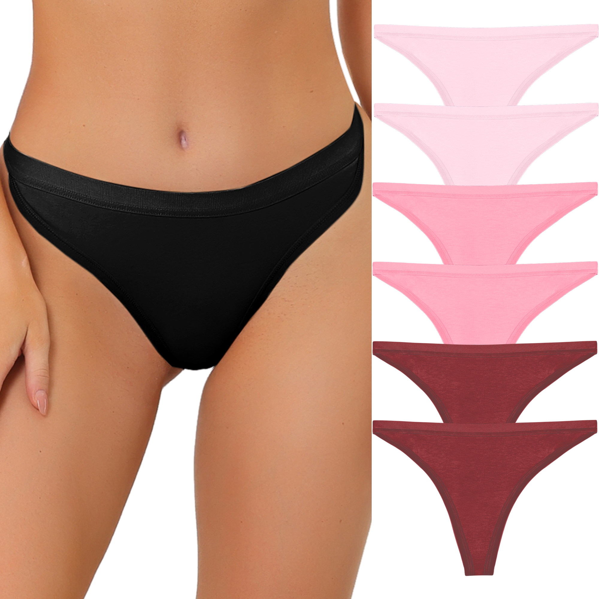 Thongs for Women Packs G-String Panties Breathable Hi-Cut Tangas Underwear 2 Pink/2 Rose Red/2 Burgundy/S
