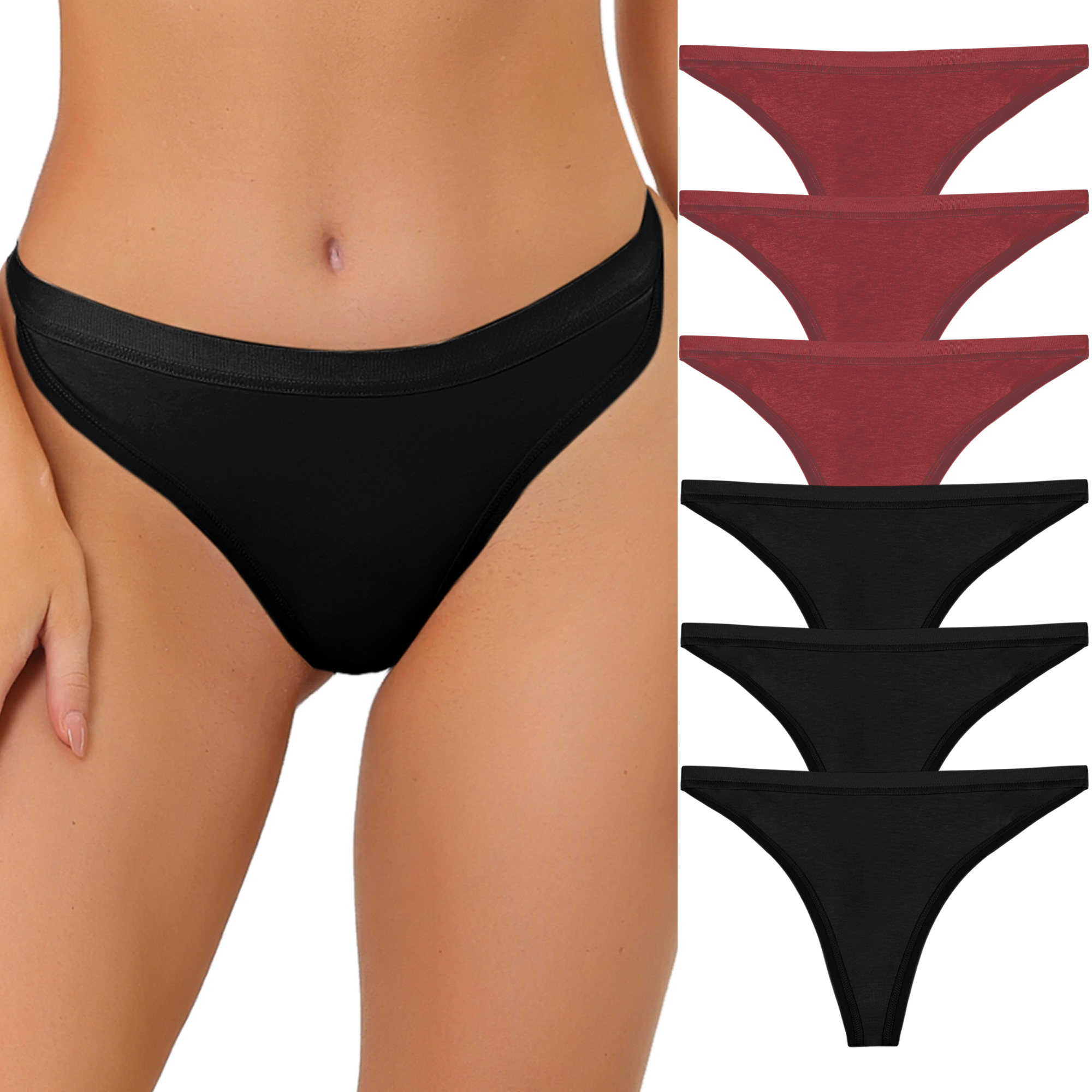 Thongs for Women Packs G-String Panties Breathable Hi-Cut Tangas Underwear 3 Burgundy/3 Black/M