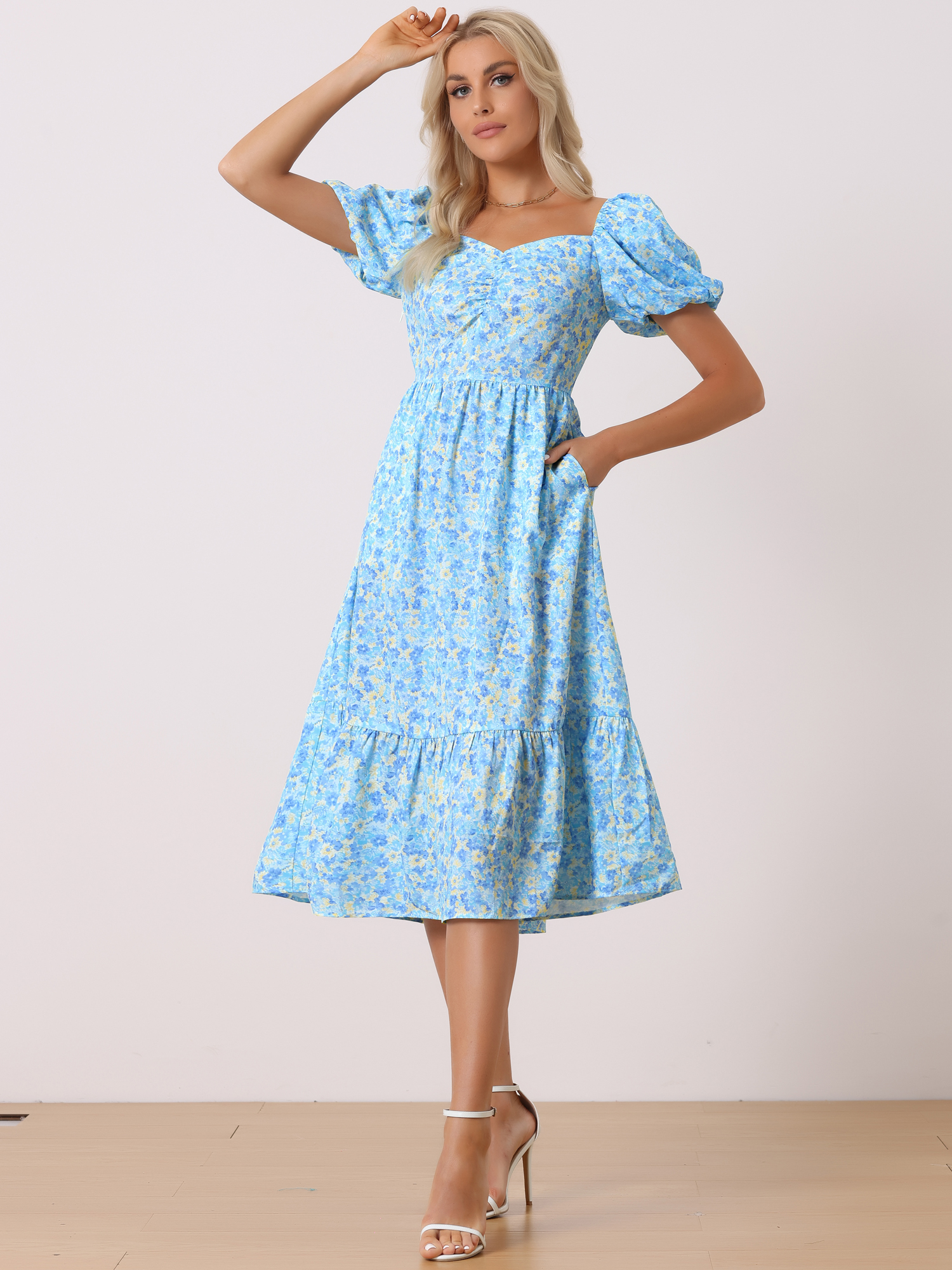 Floral Puff Short Sleeve A-Line Casual midi Dress Blue/S
