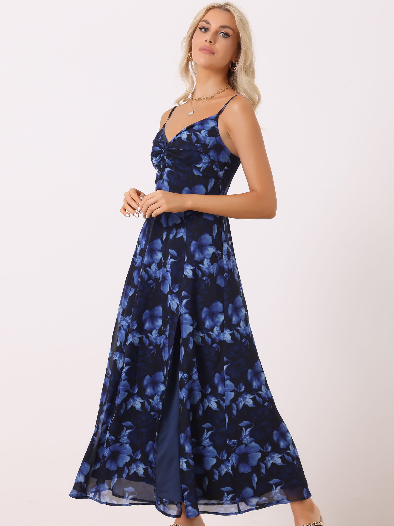 Spaghetti Strap Floral Smock Slit Elegant Maxi Dress Sundress Navy Blue/M