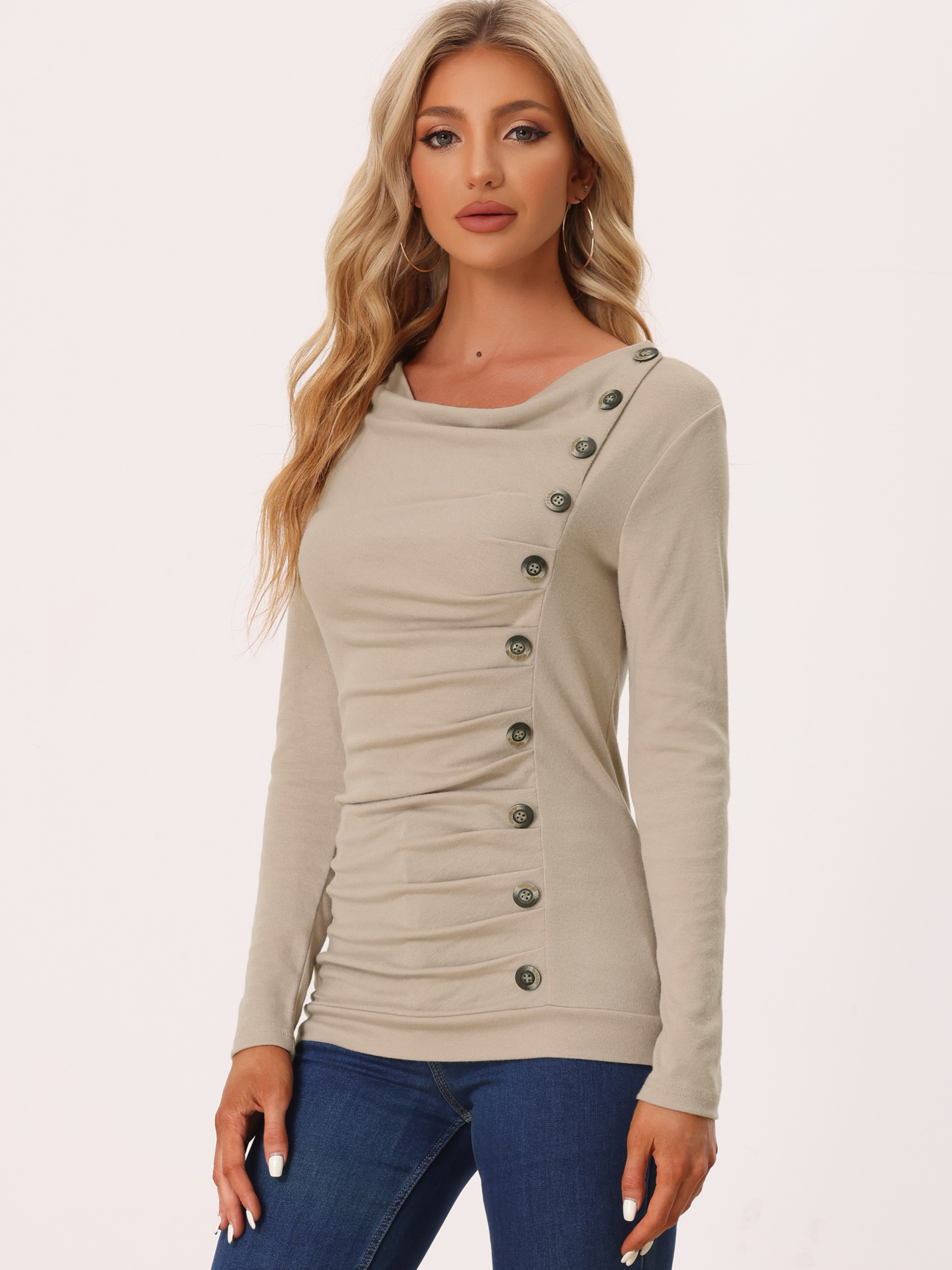 Buttons Decor Cowl Neck Long Sleeve Ruched Top Khaki/L