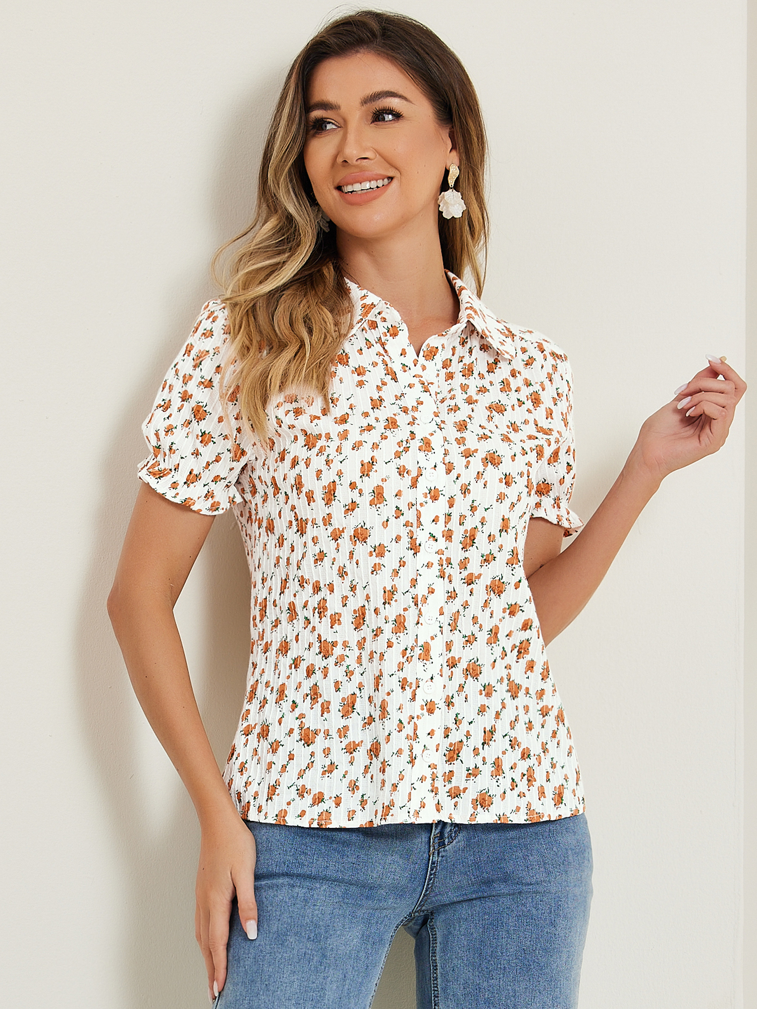 Floral Printed Peter Pan Collar Cotton Short Sleeve Shirt Orange/L