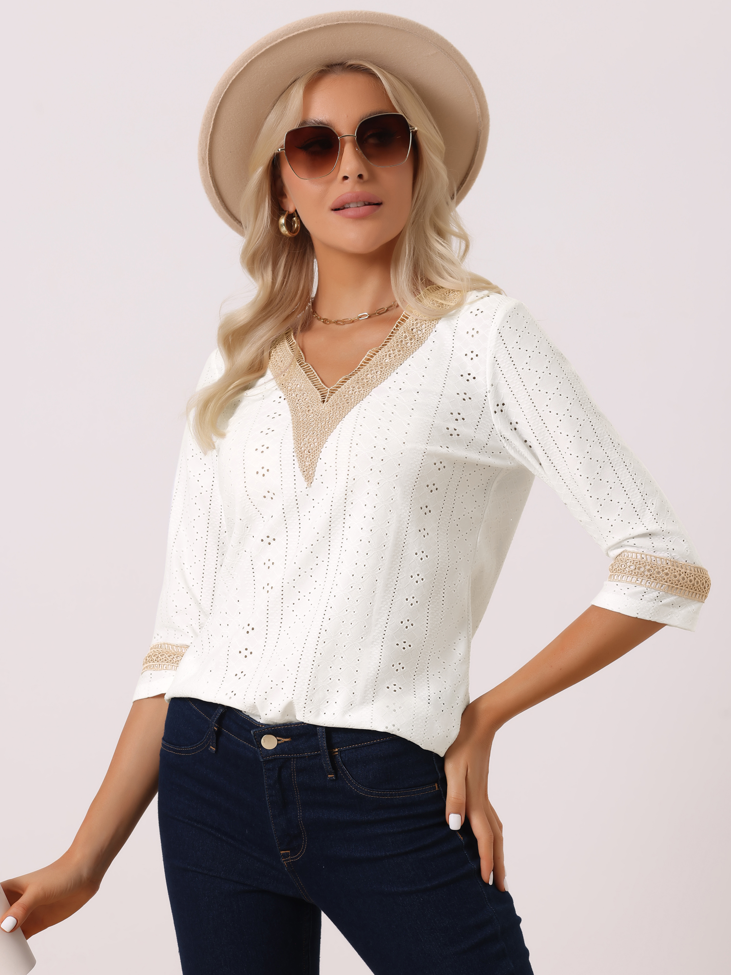 Contrast Color V Neck Loose Lace Trim Eyelet Boho Blouse White/M
