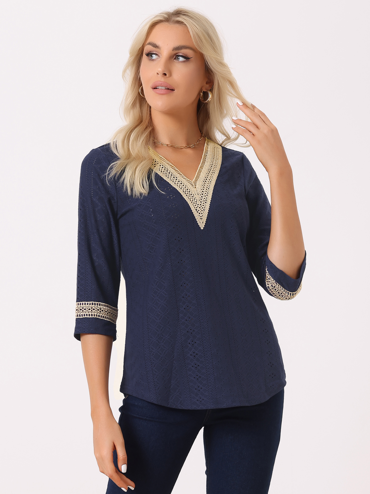 Contrast Color V Neck Loose Lace Trim Eyelet Boho Blouse Navy Blue/L