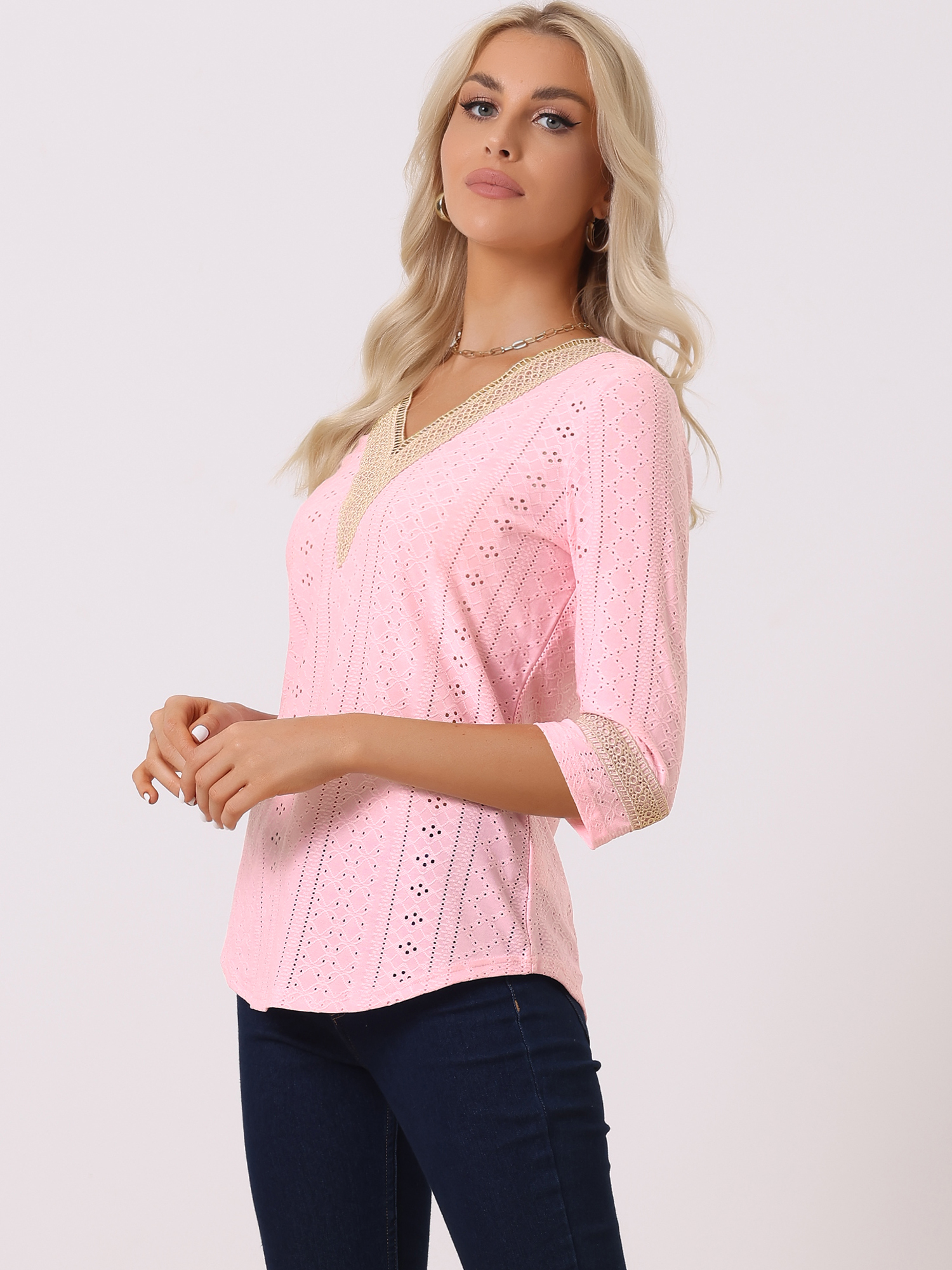 Contrast Color V Neck Loose Lace Trim Eyelet Boho Blouse Light Pink/XL