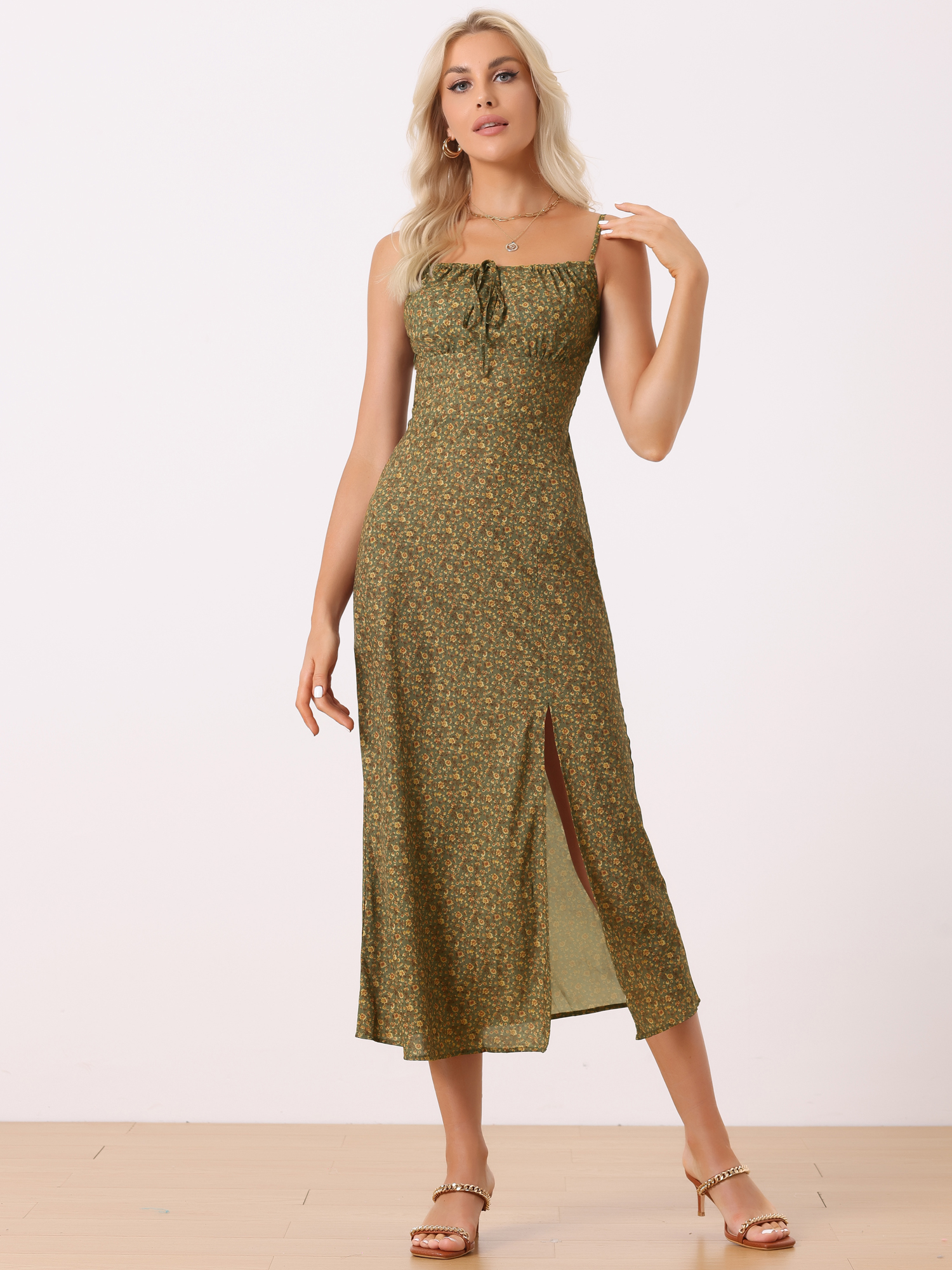 Floral Spaghetti Strap Casual Low Cut Midi Slit Dress Yellow Red/L