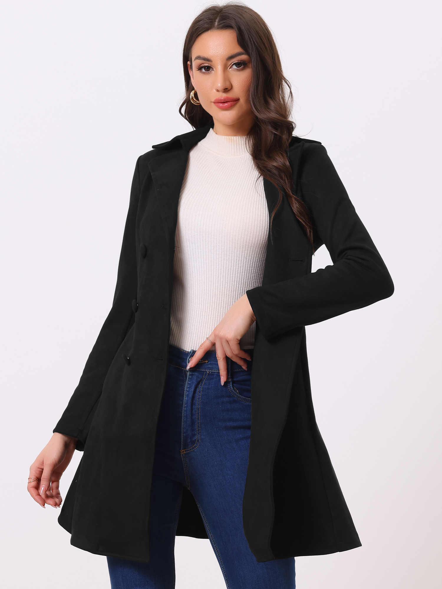 Double Breasted Notched Lapel Winter Elegant Long Coat Black/XL