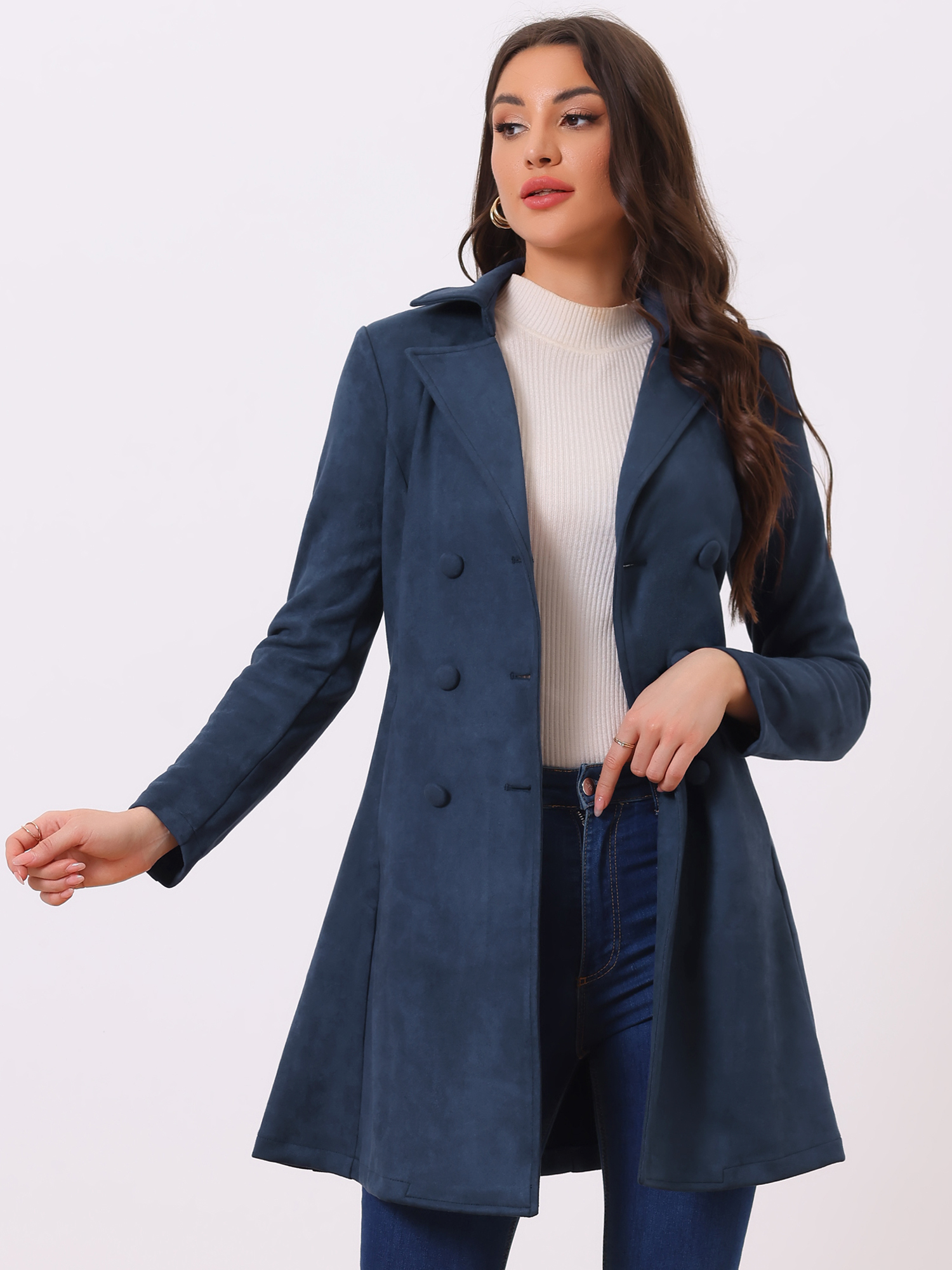 Double Breasted Notched Lapel Winter Elegant Long Coat Dark Blue/S