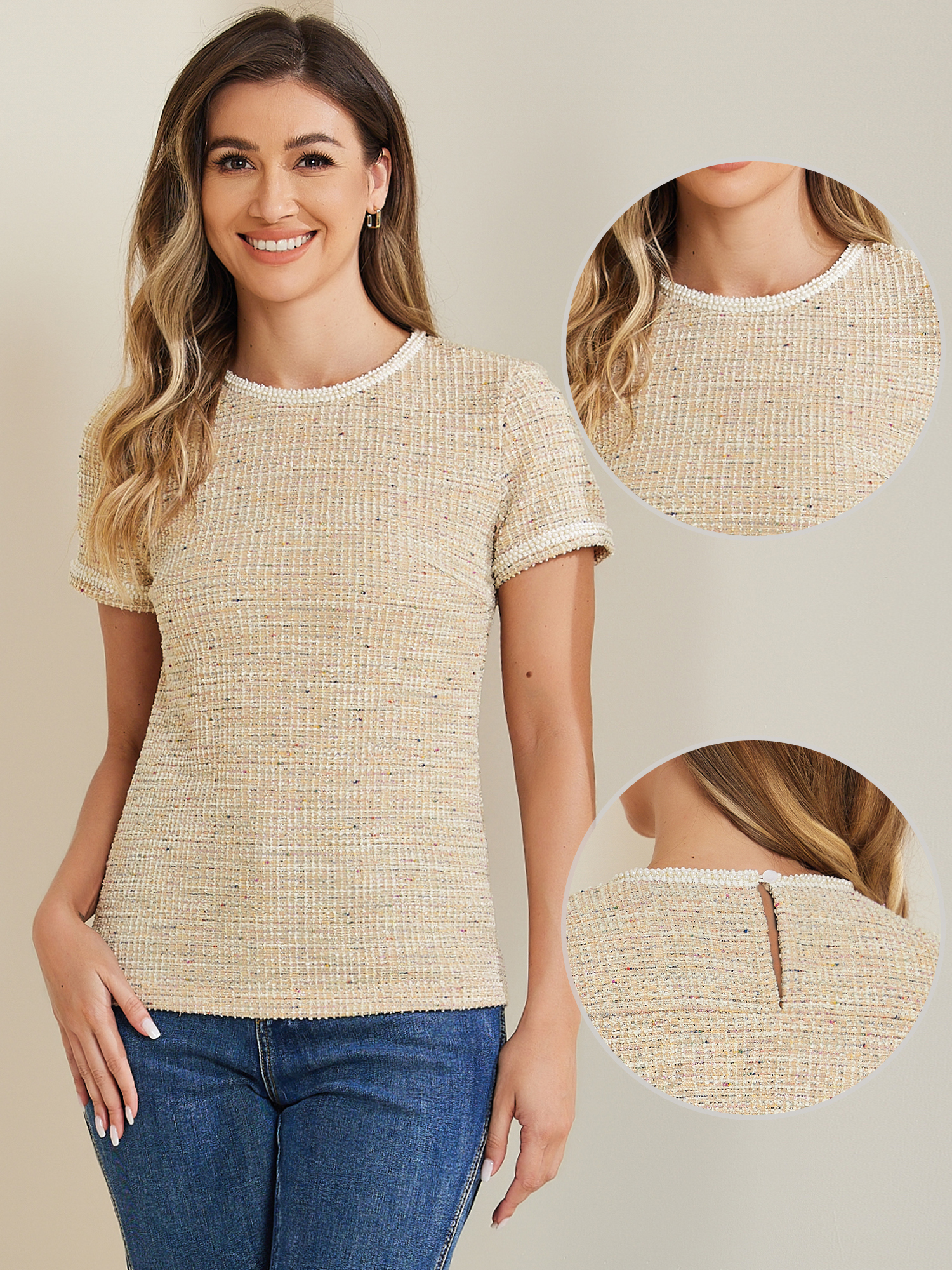 Tweed Short Sleeve Top Casual Round Neck Pearl Decoration Blouse Light Orange/XL