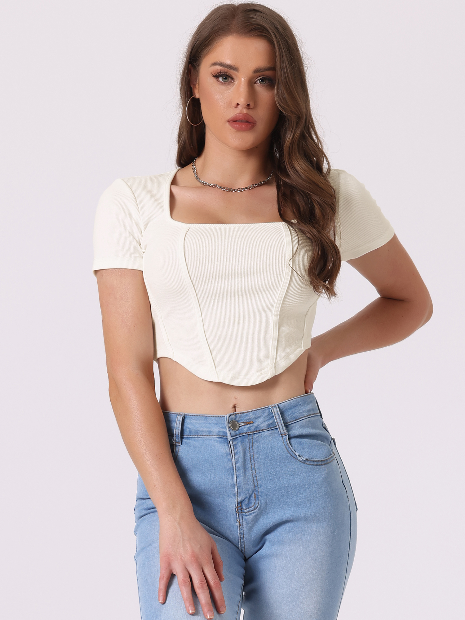 Square Neck Short Sleeves Ribbed Knit Curved Hem Cropped Top White/M