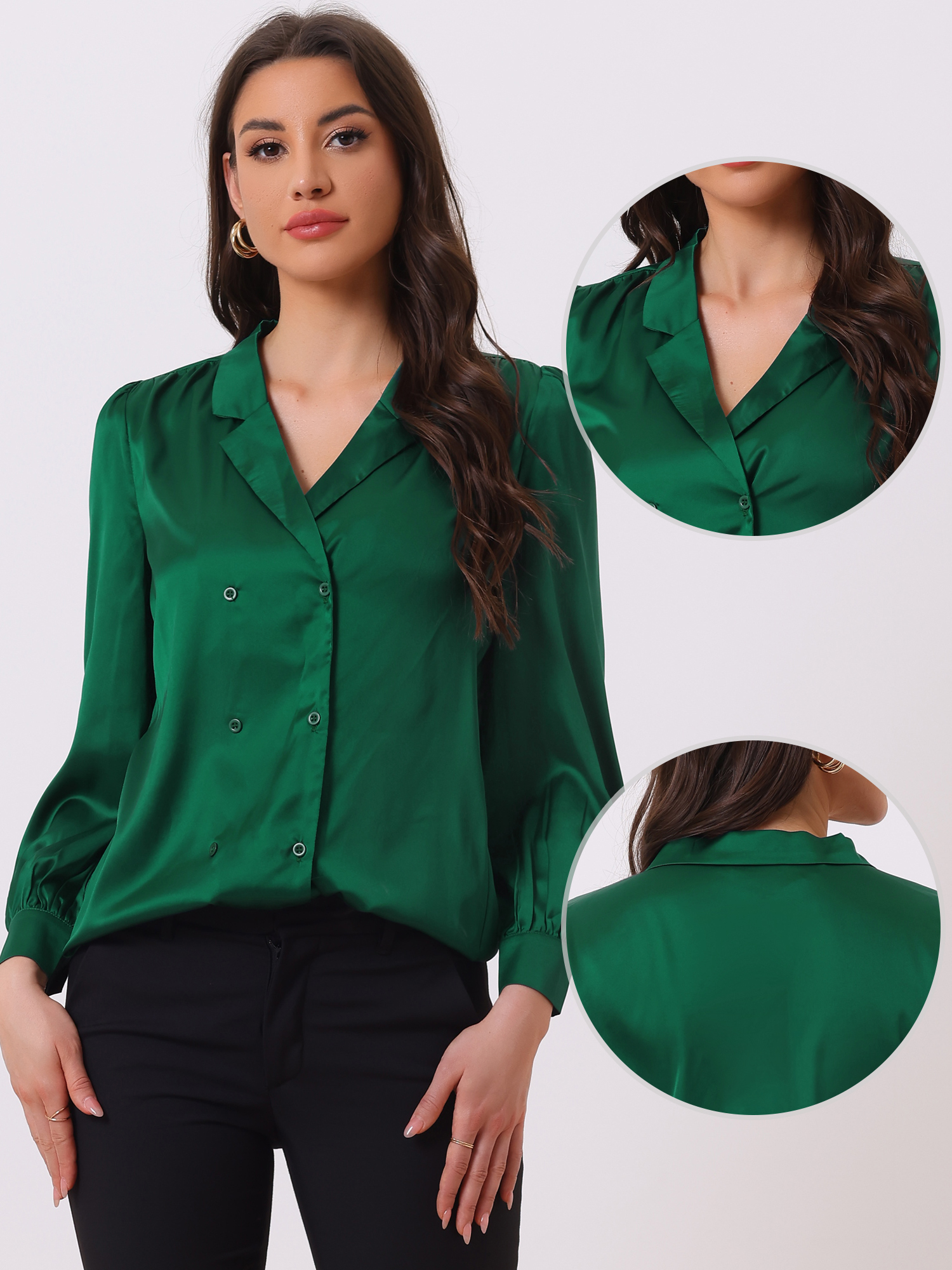 Work Business Casual Button Down Satin Long Sleeve Shirt Green/M