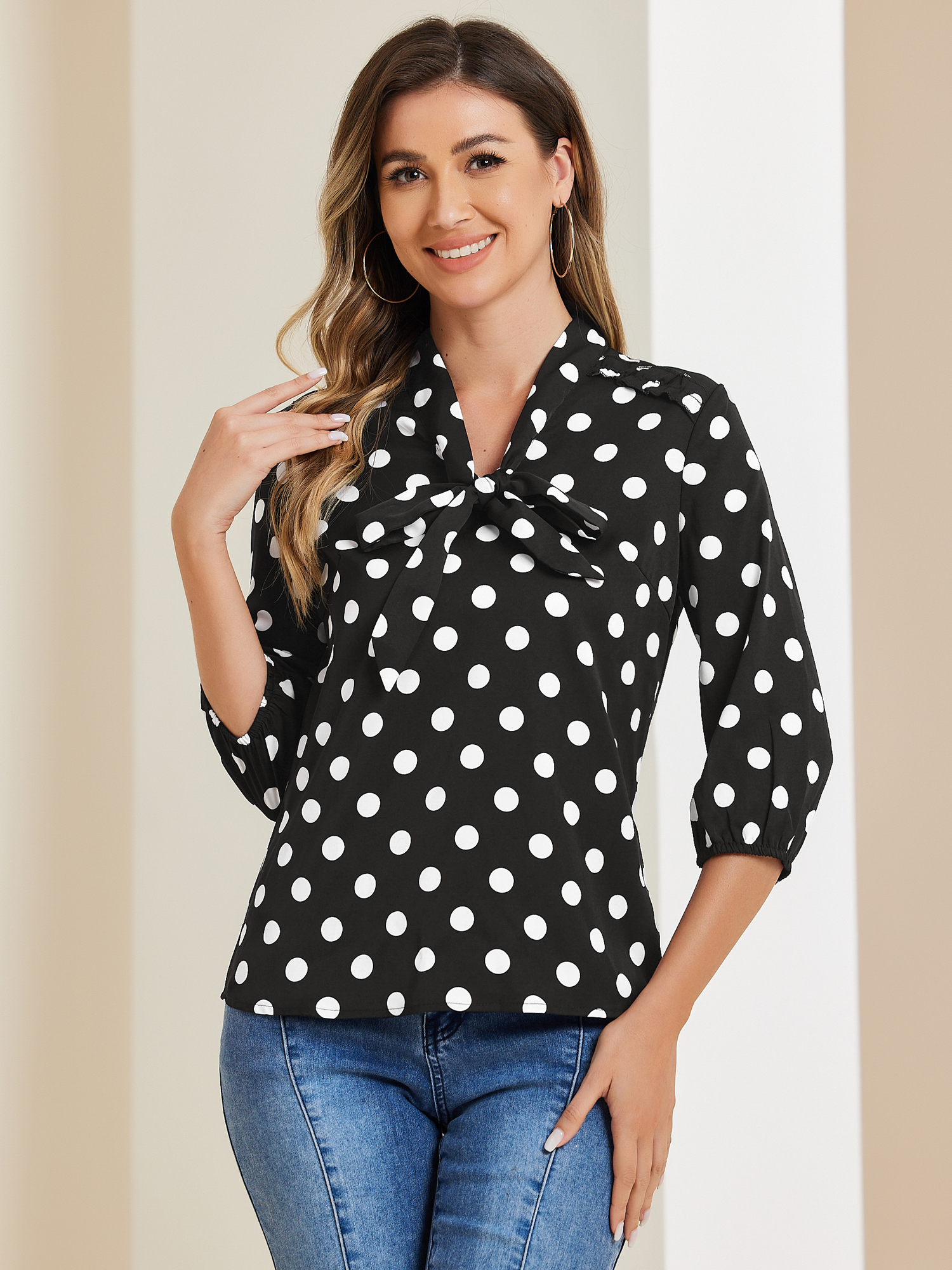 Printed Ruffle Shoulder Elastic Cuff Bow Tie Neck Blouse Black/M