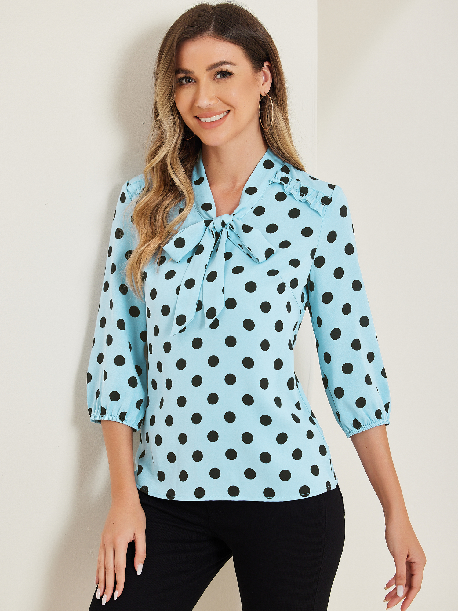Printed Ruffle Shoulder Elastic Cuff Bow Tie Neck Blouse Sky Blue/L