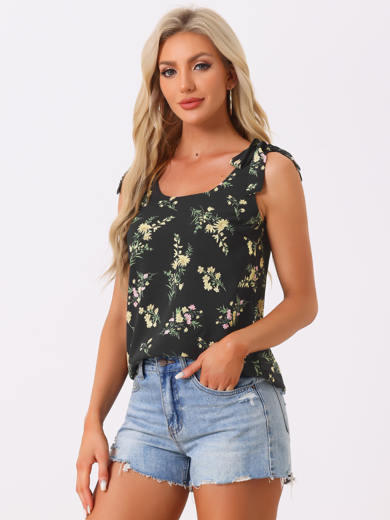 Boho Floral Print Casual Chiffon Tie Shoulders Tank Top Blacks/XL
