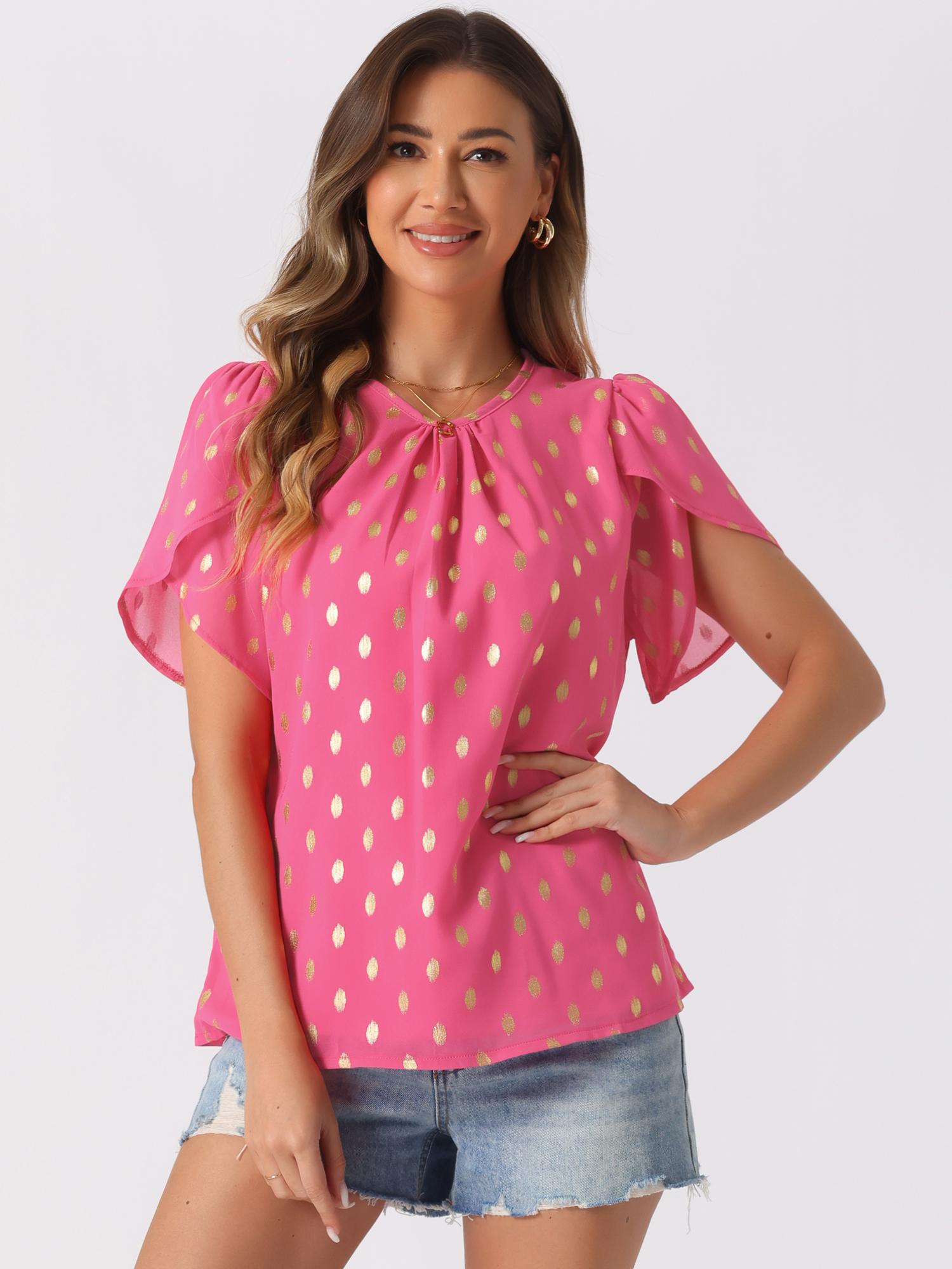 Round Neck Casual Gilding Pattern Short Sleeve Top Hot Pink/M