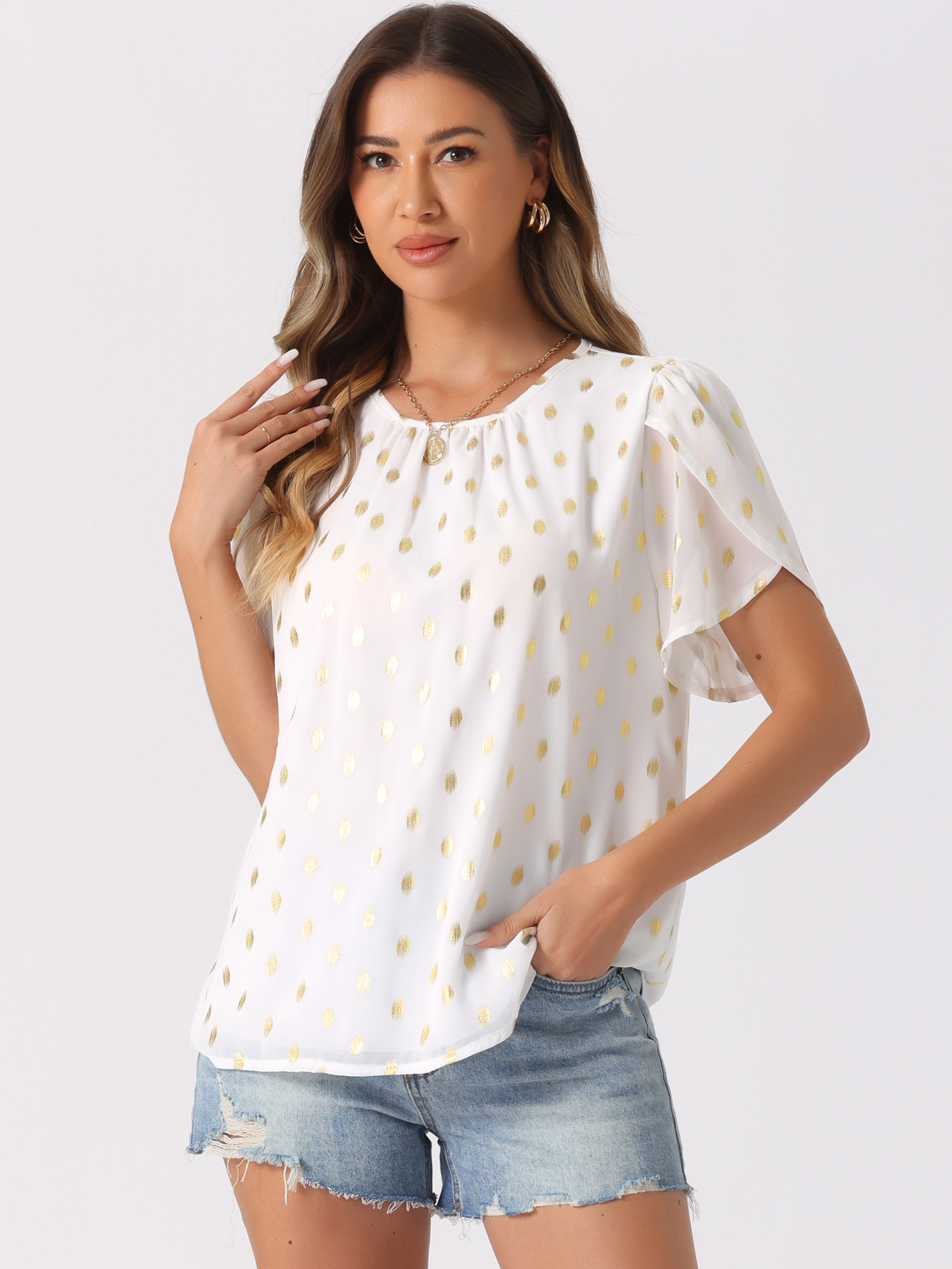 Round Neck Casual Gilding Pattern Short Sleeve Top White/L