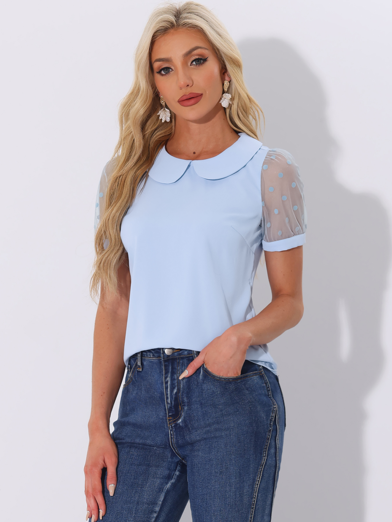Peter Pan Collar Puff Mesh Short Sleeve Polka Dot Blouse Light Blue/M