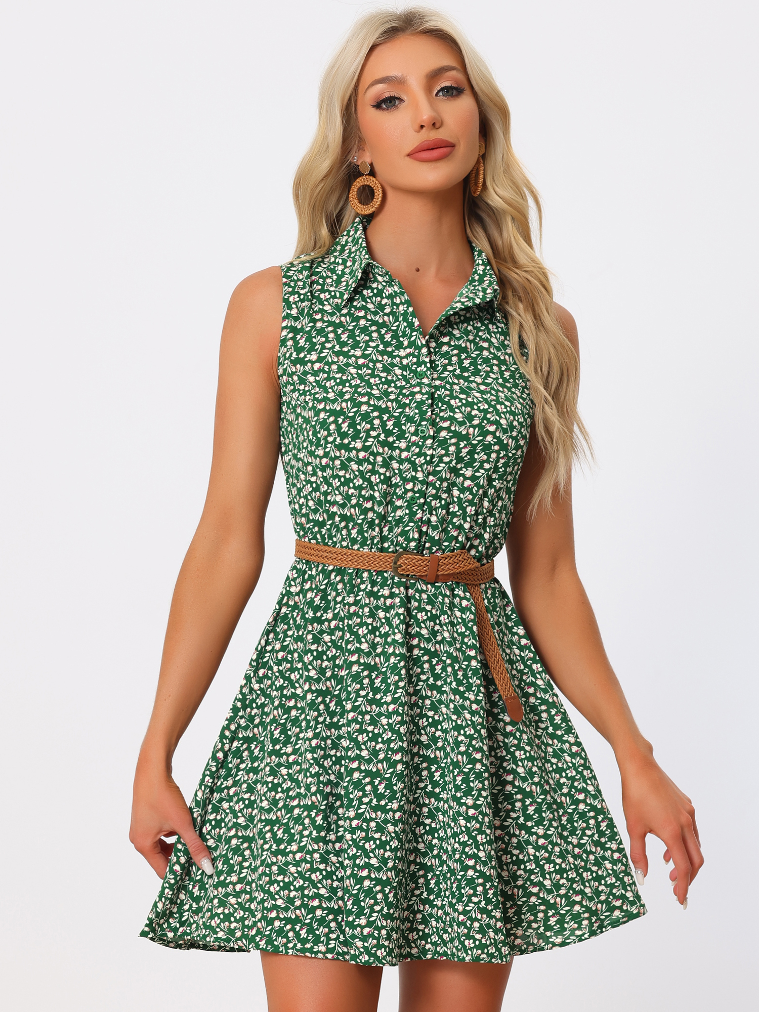 Sleeveless Printed Half Placket Above Knee Belted Dress Green Print/M