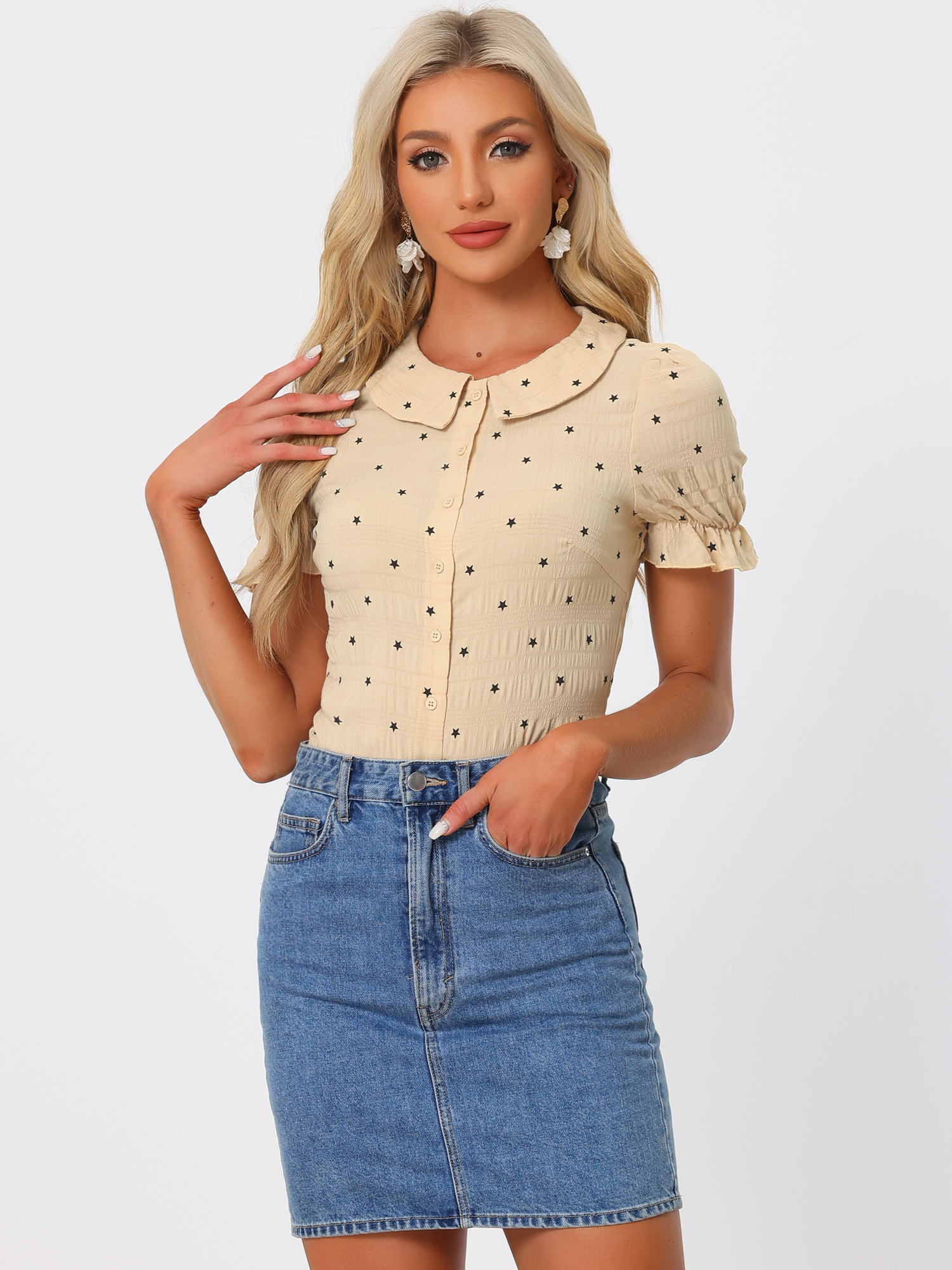 Casual Peter Pan Collar T Shirt Textured Stars Button Down Ruffle Top Khaki/XS