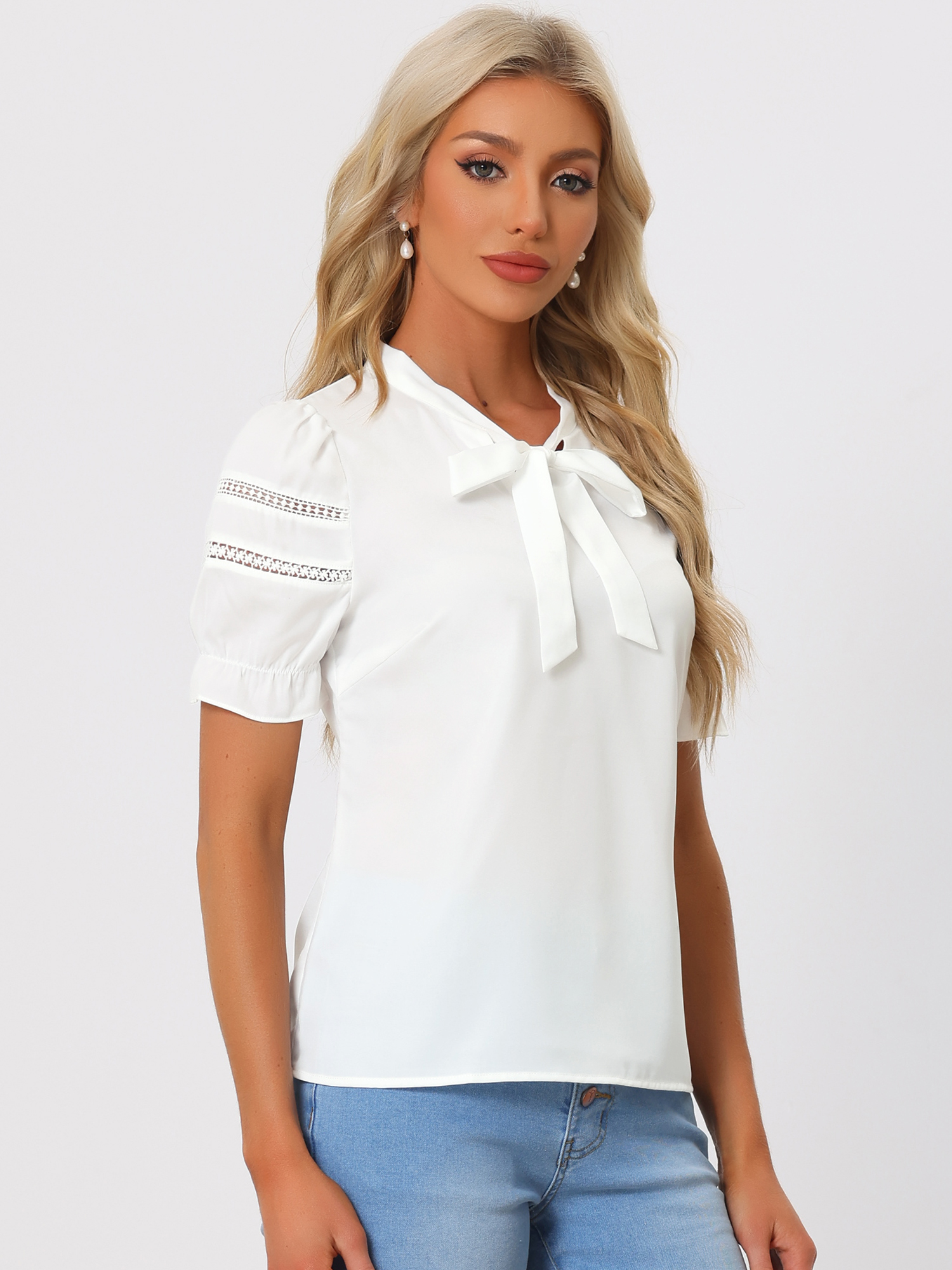 Bow Tie Collar Short Sleeve Elegant Office Workwear Blouse White/M