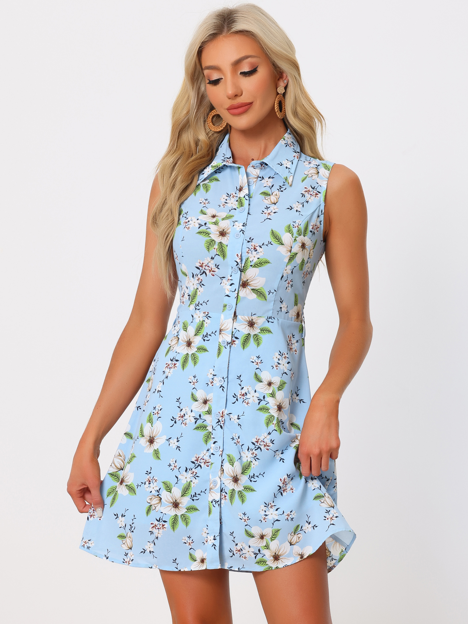 Sleeveless Turndown Collar Button Down Floral Belted Mini Shirt Dress Sundress Blue/S