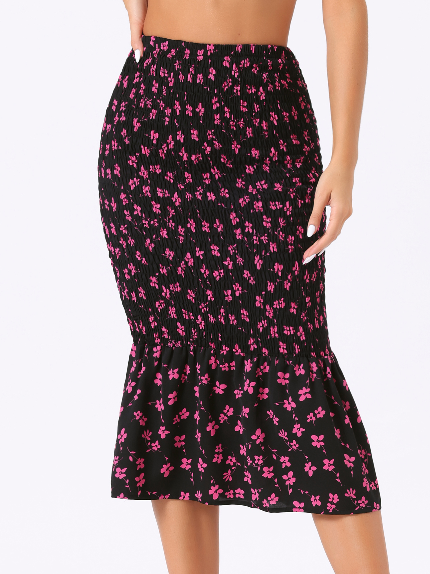 Smocked Bodycon Mermaid Pencil Floral Midi Skirt Black Pink/XL