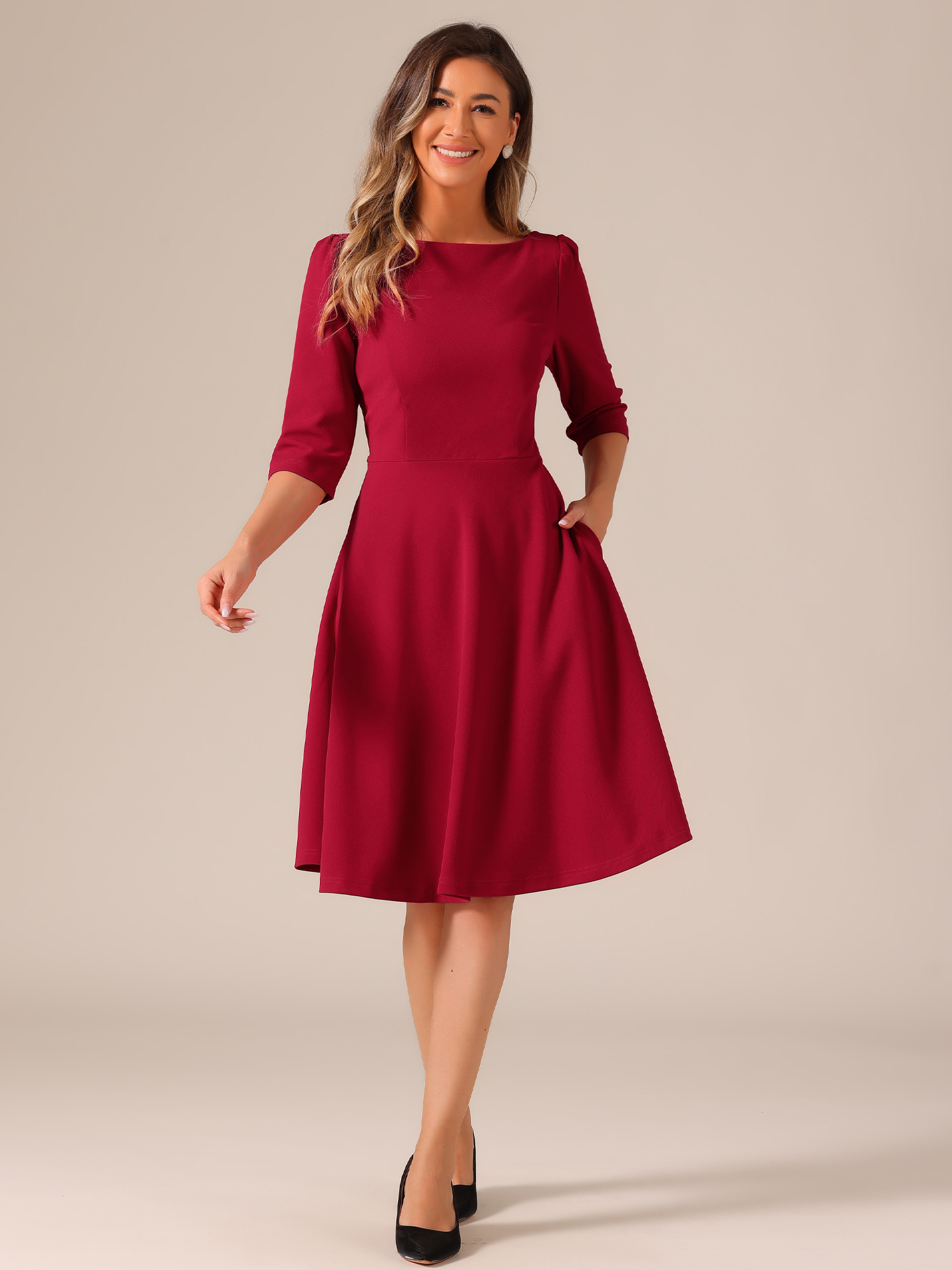 Boat Neck 3/4 Sleeves Midi Flared Office Dress Red/M