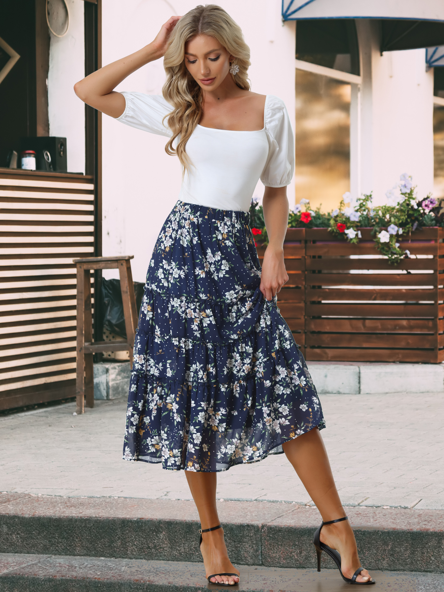 Ruffle Boho Chiffon Floral Printed Long Tiered Midi Skirt Antique Blue/3XL