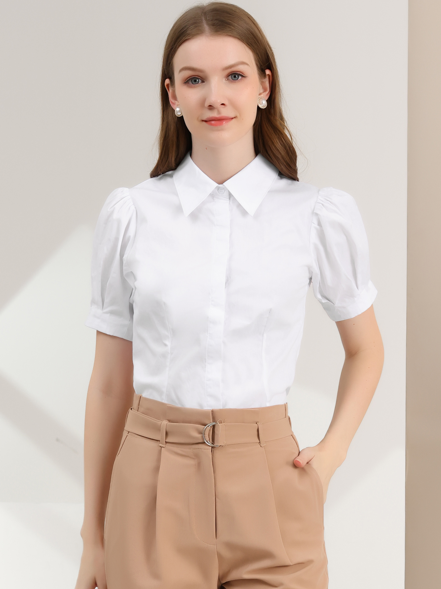 Puff Sleeve Collared Cotton Work Office Button Down Shirt Whites/3XL