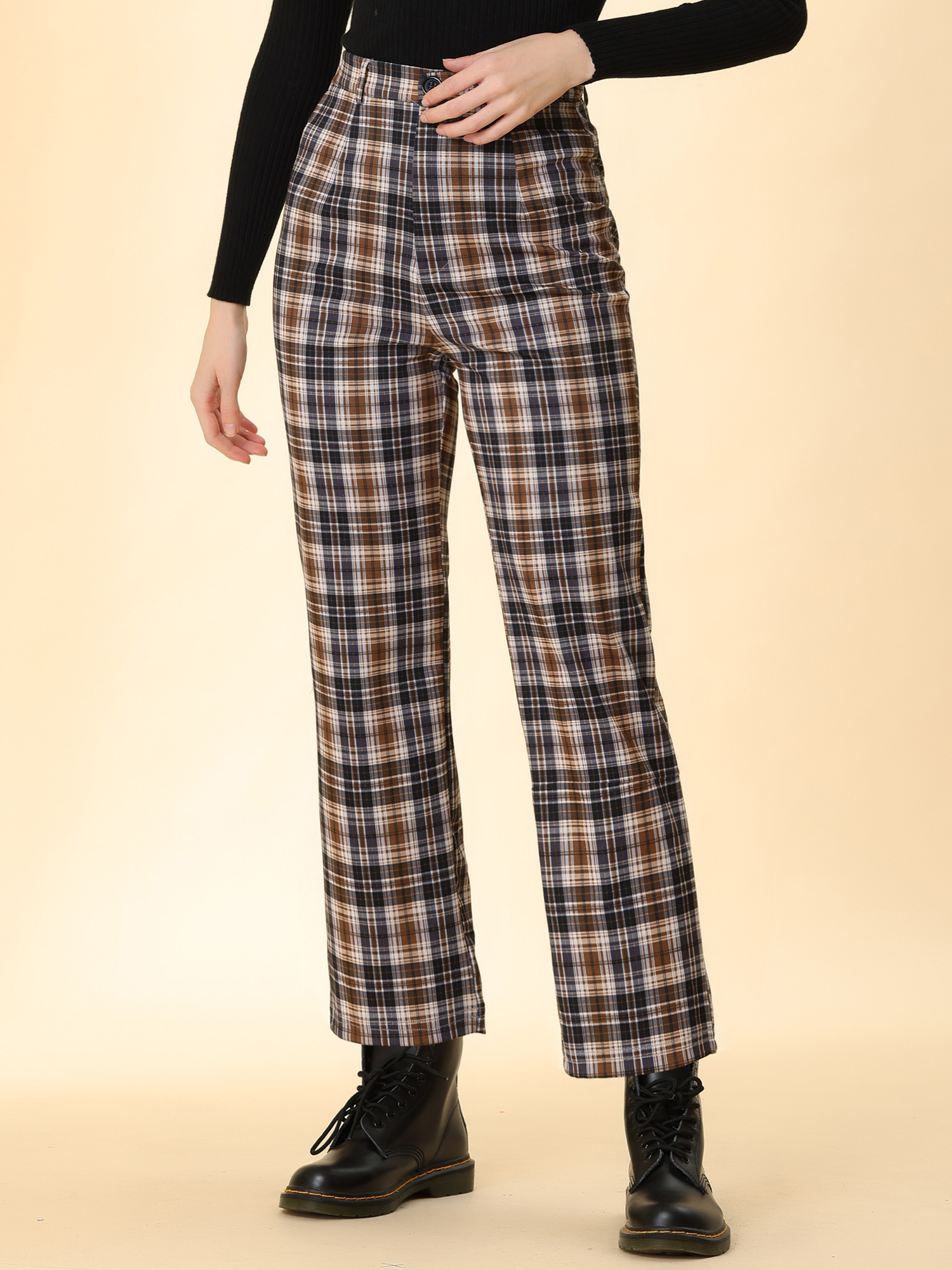 Plaid Cropped Trousers Button Casual Tartan Check Work Pants Brown/3XL