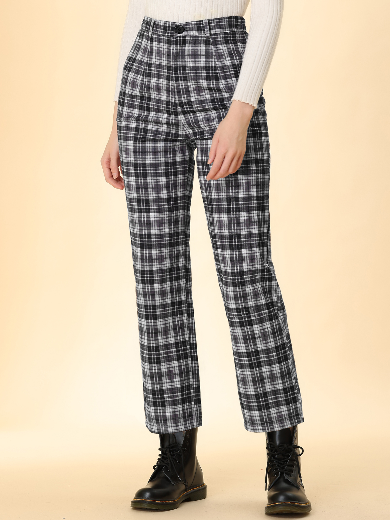 Plaid Cropped Trousers Button Casual Tartan Check Work Pants Black/3XL