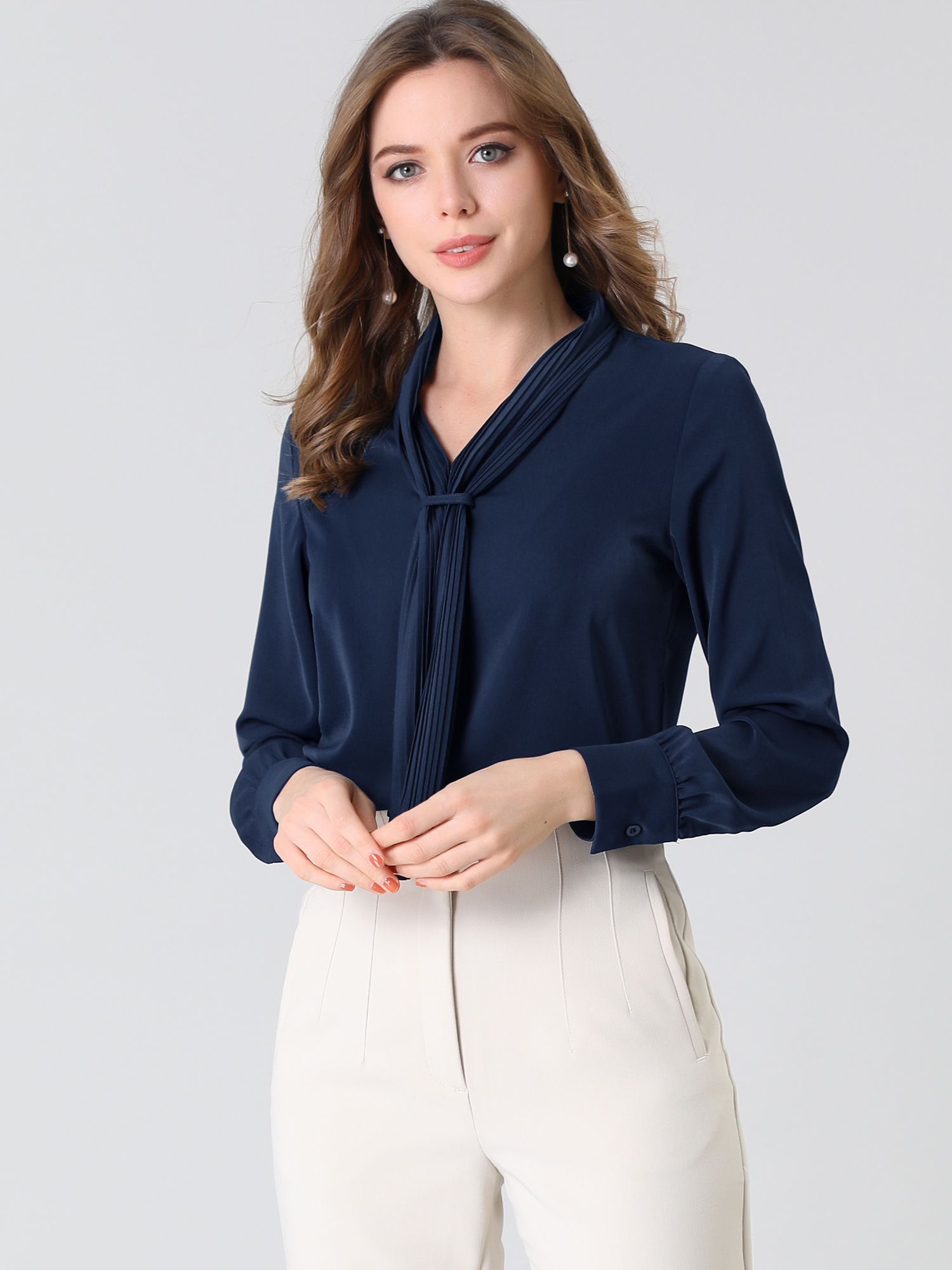 Long Sleeve Chiffon Pleated Tie Neck Office Blouse Navy Blue/2XL