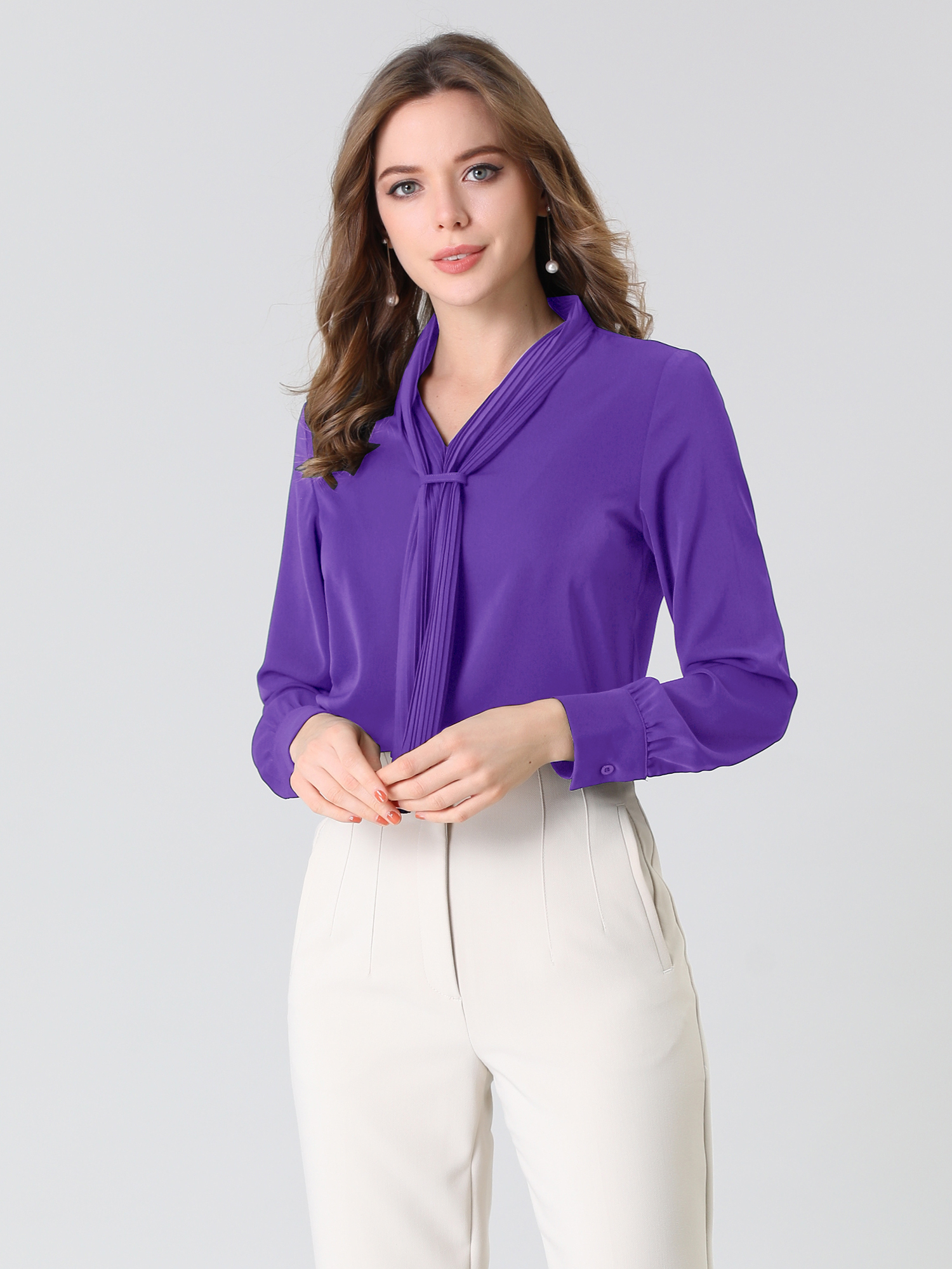 Long Sleeve Chiffon Pleated Tie Neck Office Blouse Purple/2XL