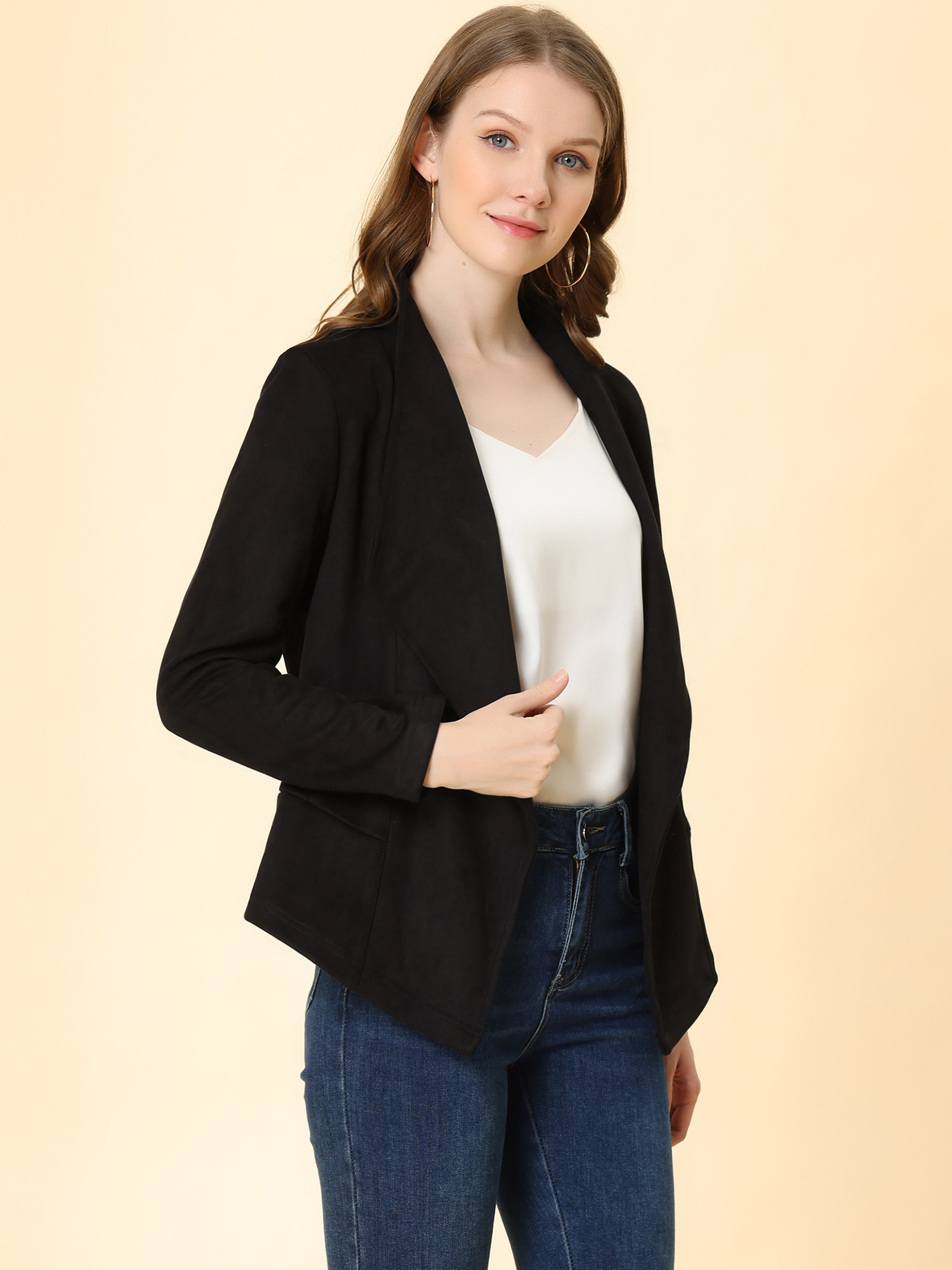 Faux Suede Jacket Open Front Lapel Draped Outwear Cardigan Black/3XL