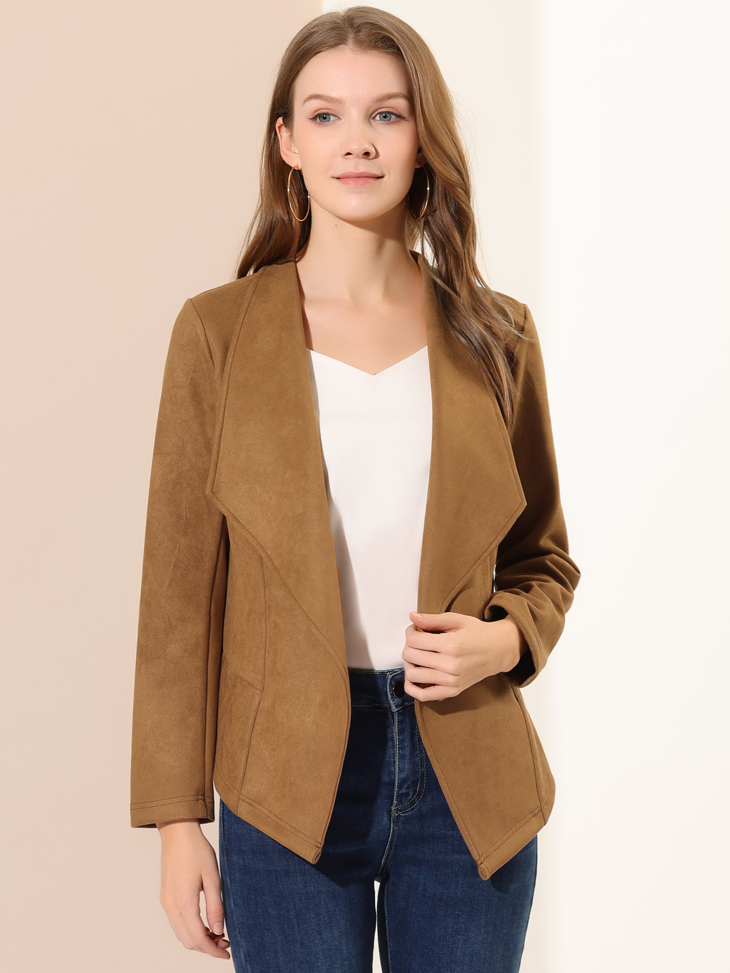 Faux Suede Jacket Open Front Lapel Draped Outwear Cardigan Brown/3XL