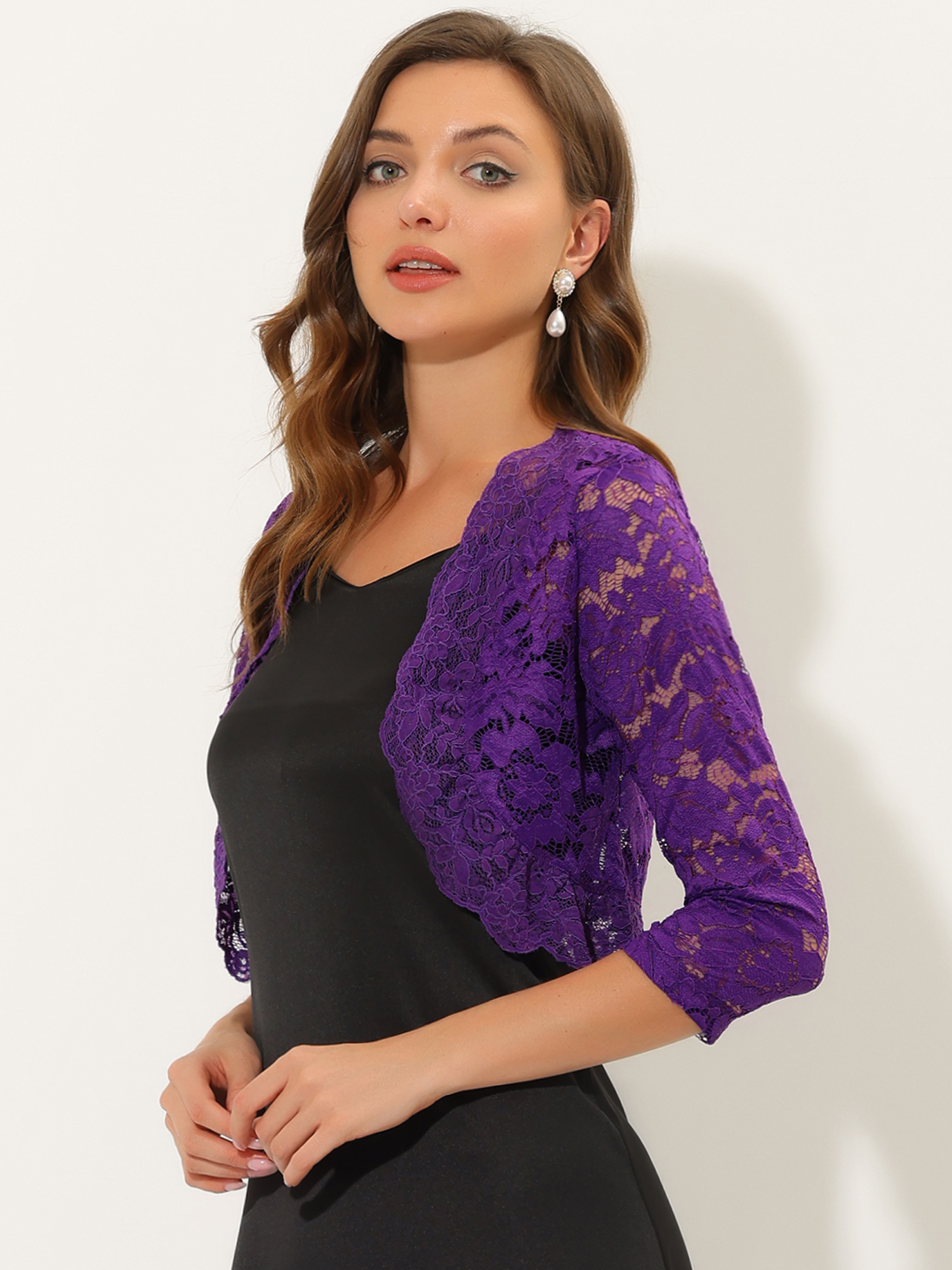 Sheer Floral Elegant 3/4 Sleeve Lace Shrug Violet/3XL