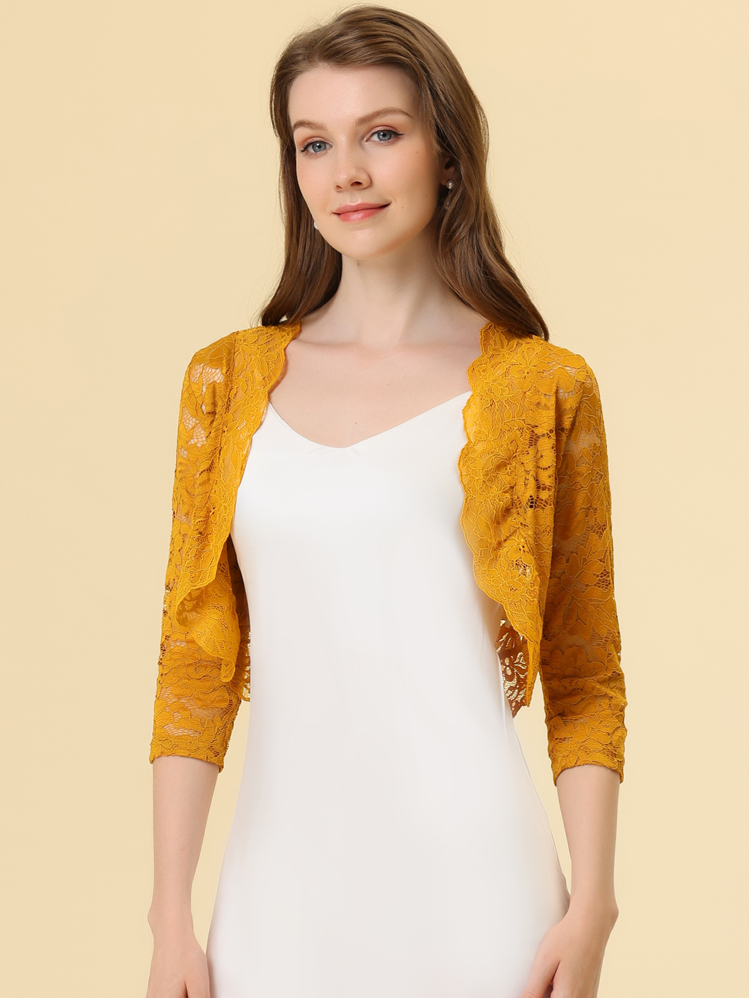 Sheer Floral Elegant 3/4 Sleeve Lace Shrug Ginger/2XL