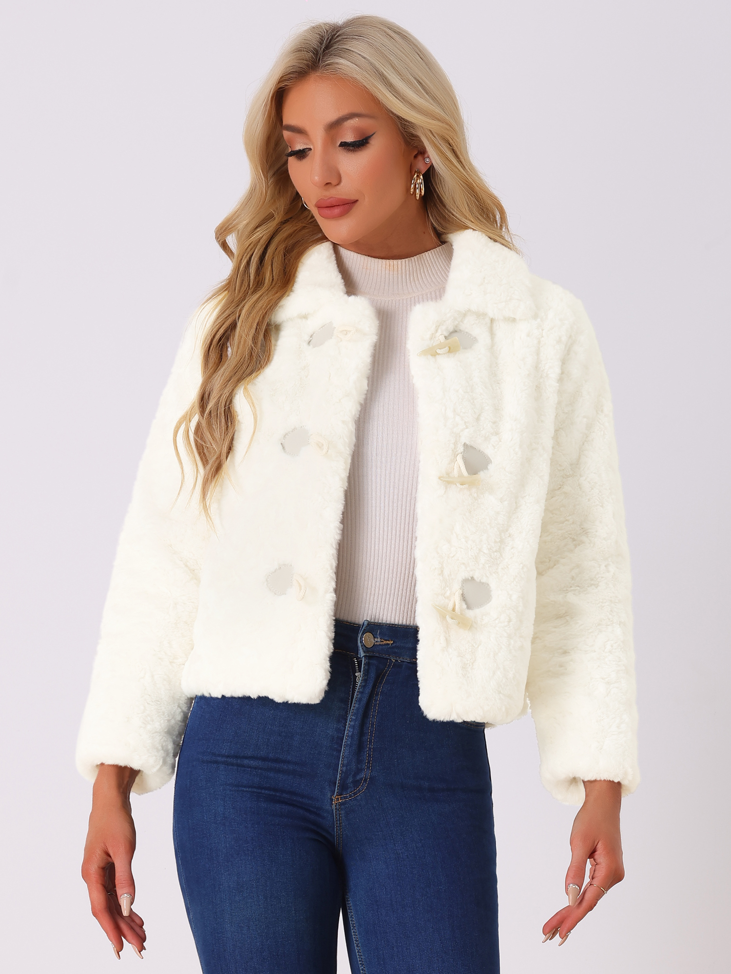 Fluffy Collar Long Sleeves Cropped Warm Faux Fur Coats White/M