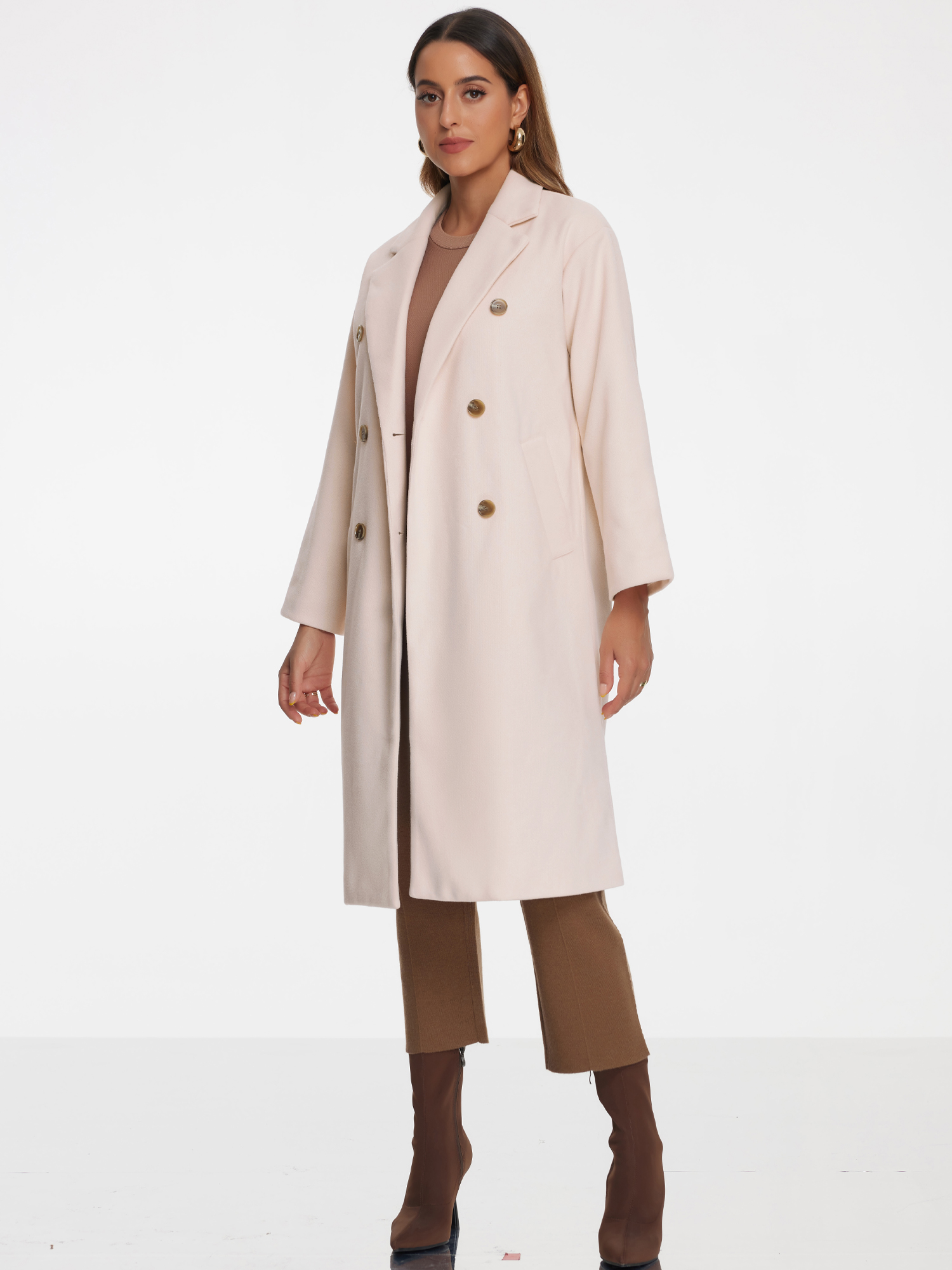 Notched Lapel Double Breasted Long Overcoat Winter Pea Coat Apricot/S