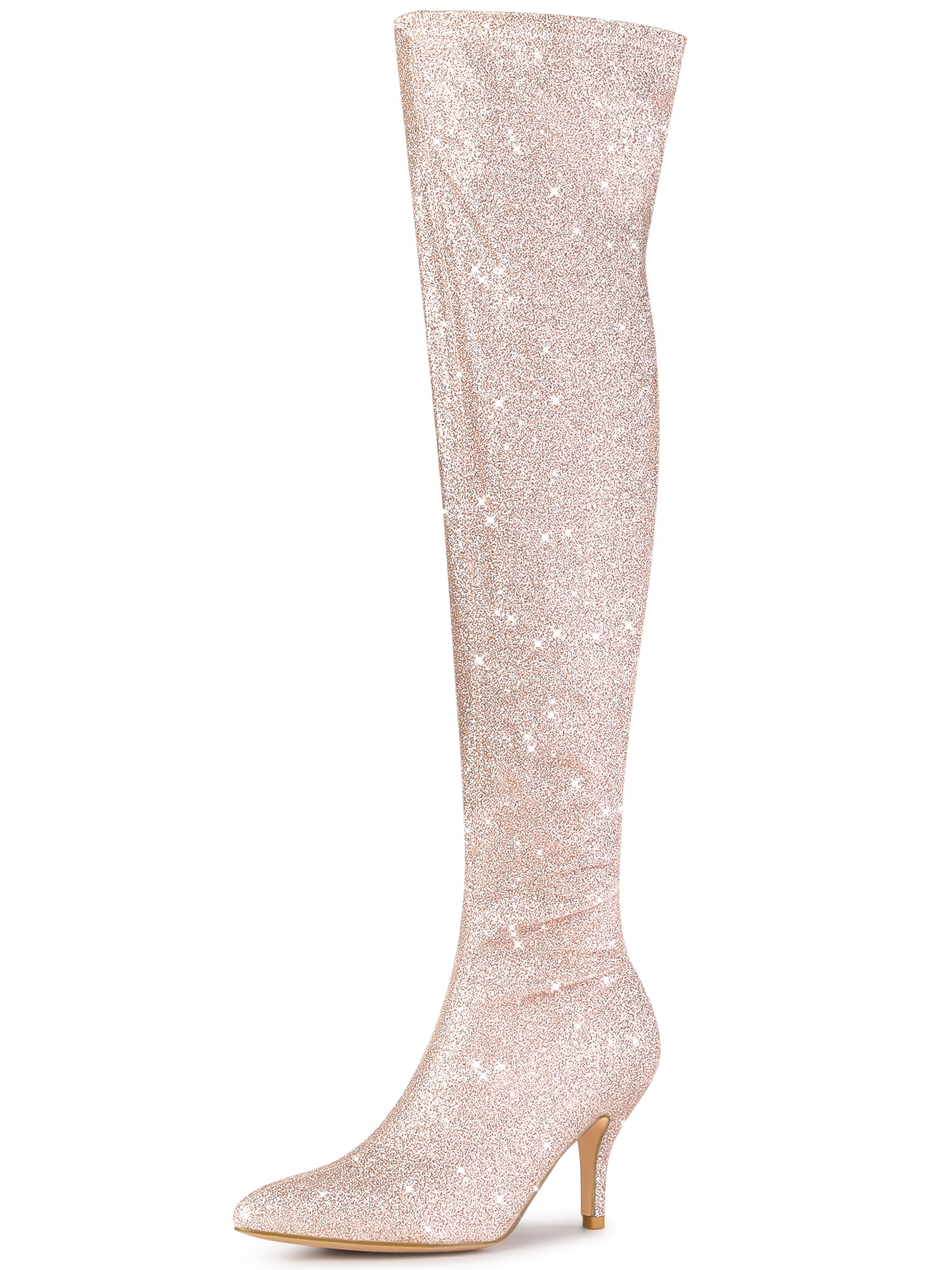 Glitter Pointed Toe Stiletto Heel Over the Knee High Boots Light Pink/7