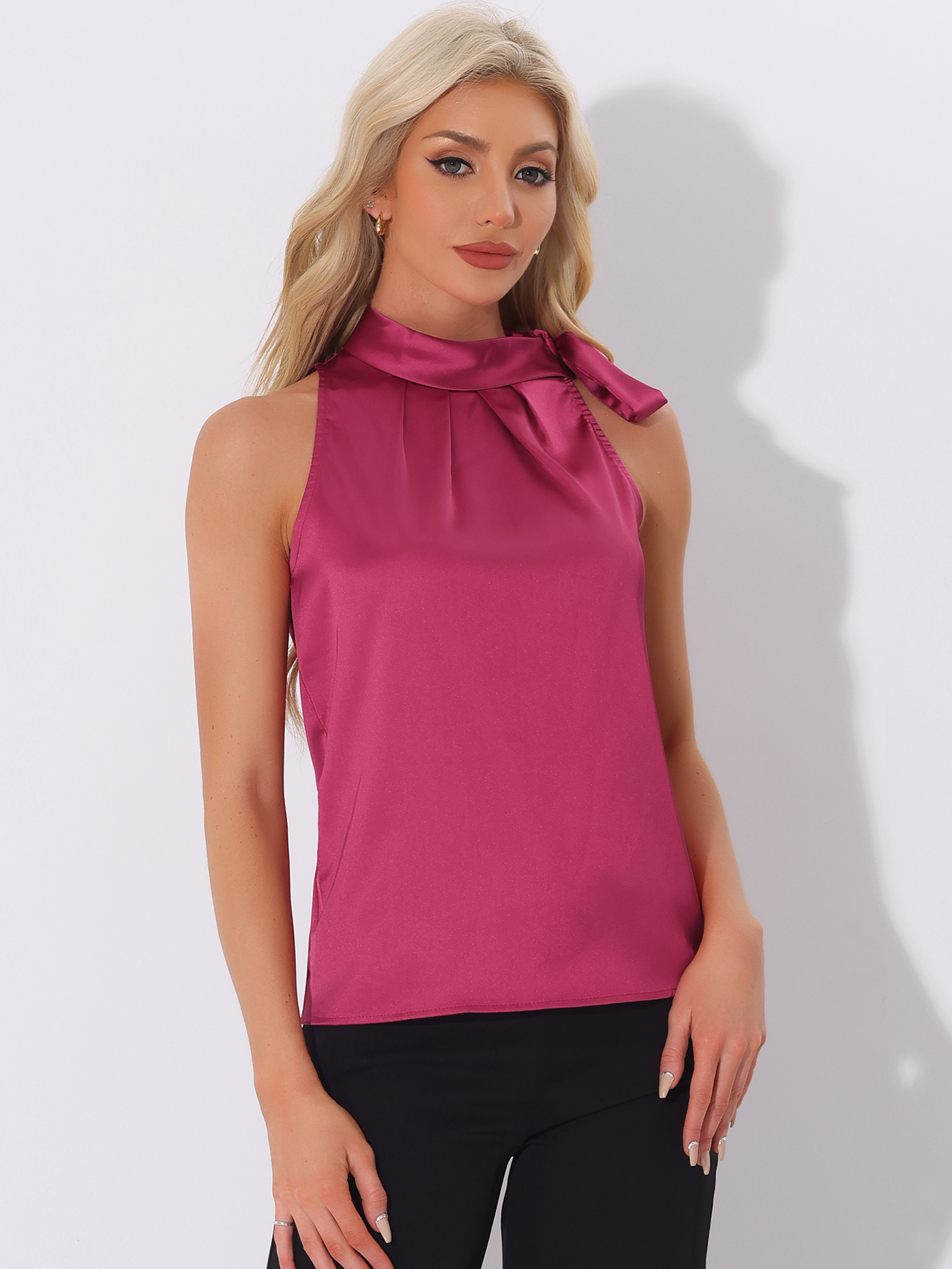 Elegant Satin Sleeveless Tie Knot Mock Neck Solid Work Blouse Top Hot Pink/XS