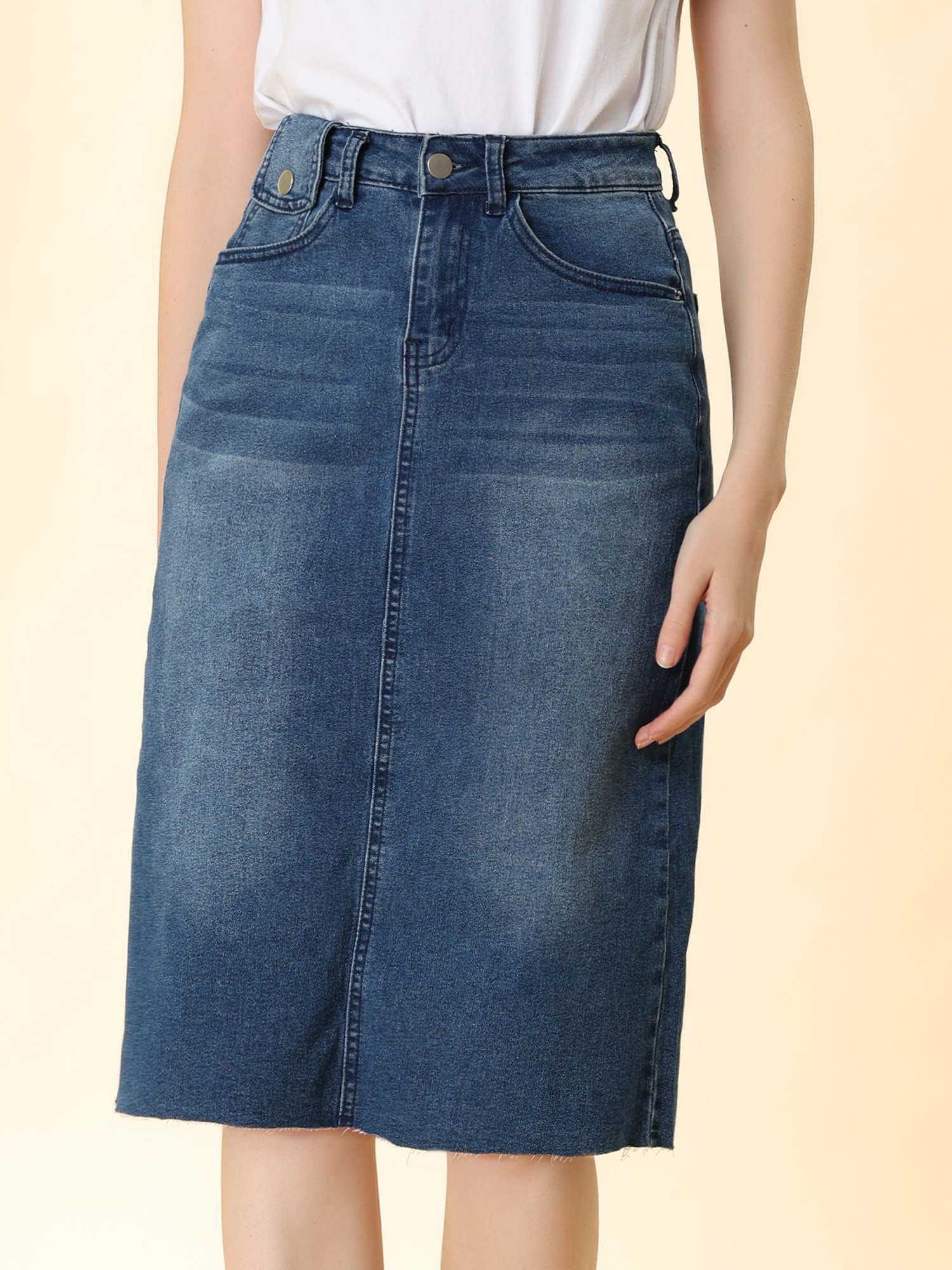 Casual High Waist Back Slit Stretch Denim Midi Skirt M-Blue/2XL