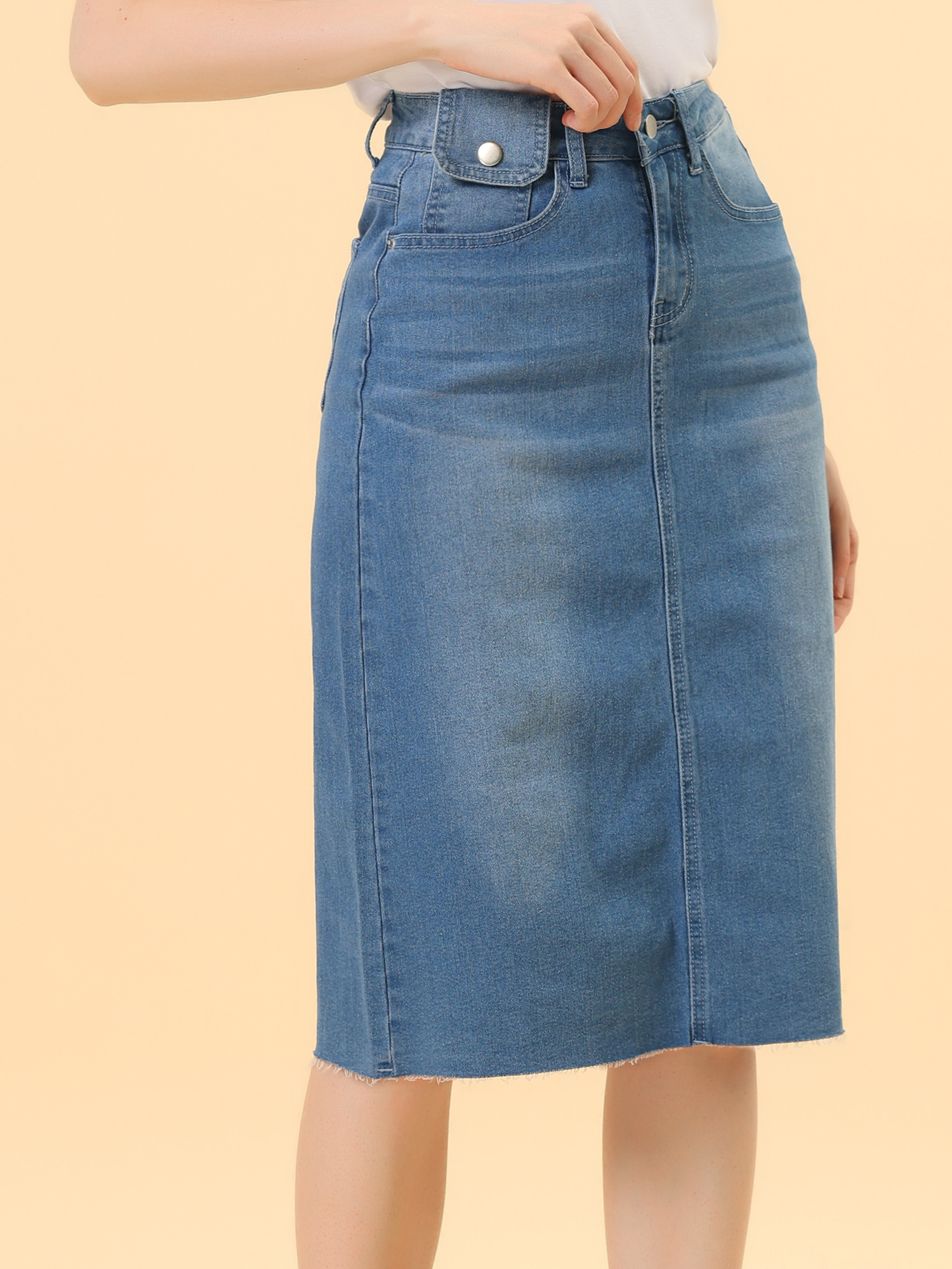Casual High Waist Back Slit Stretch Denim Midi Jean Skirt Jean Blue/3XL