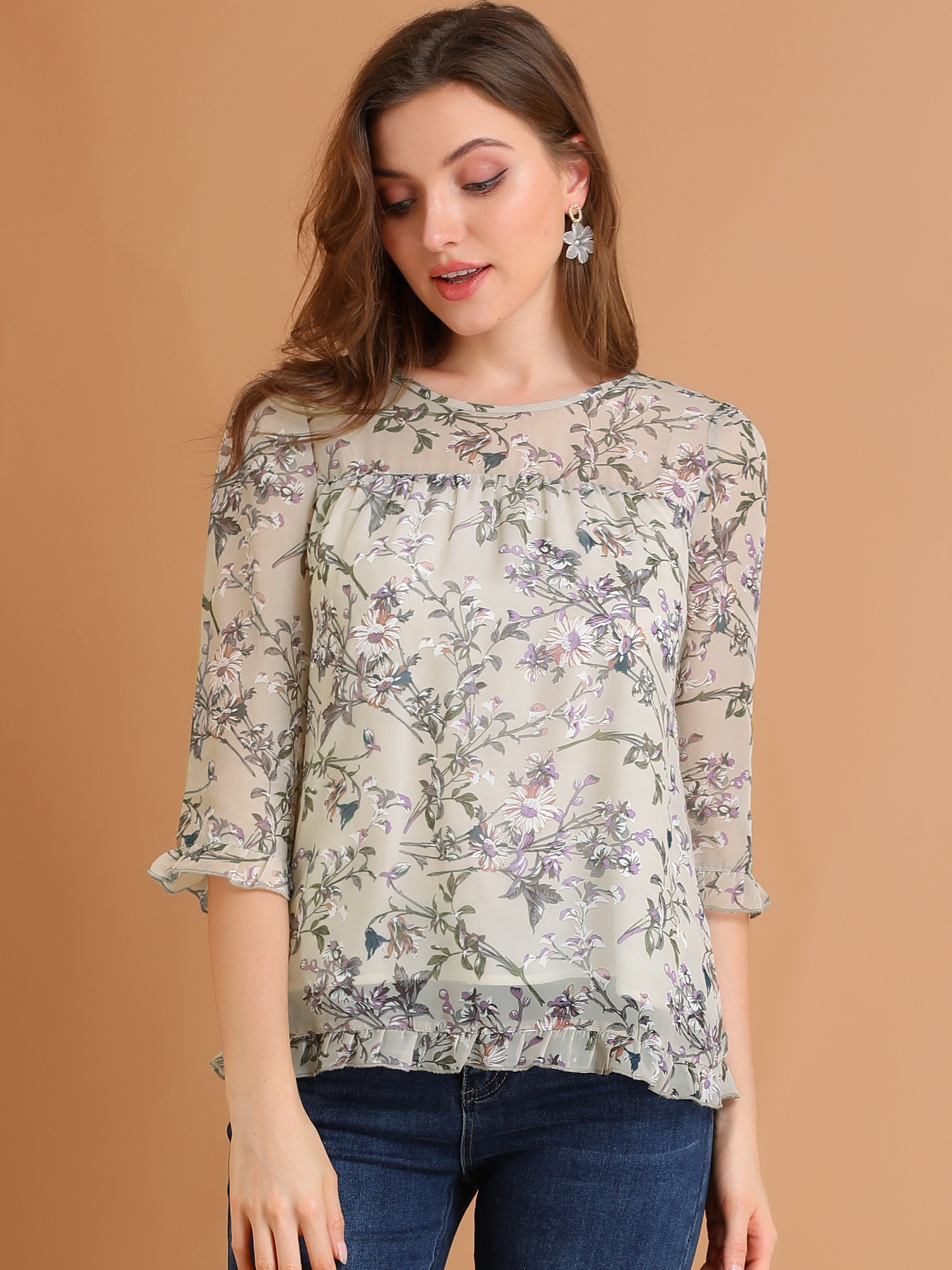 Casual Ruffle Floral Print 3/4 Sleeve Chiffon Blouse Grey Purple/2XL