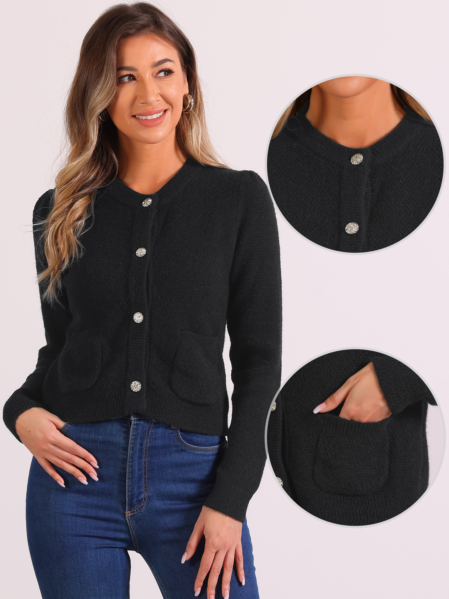 Button Down Pockets Crew Neck Knit Cardigan Black/S