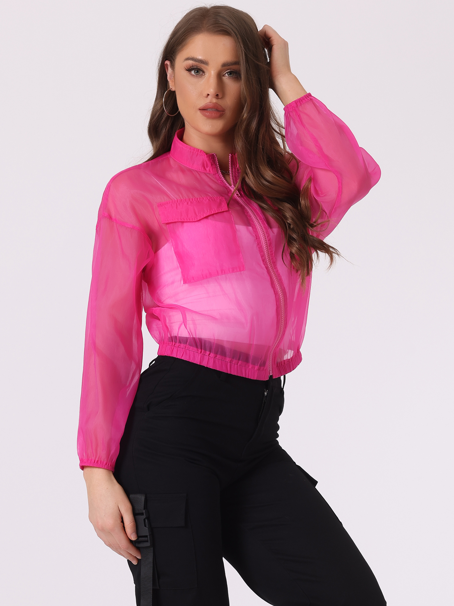 Sheer Zip Up Long Sleeve See Through Bomber Jacket Hot Pink/M