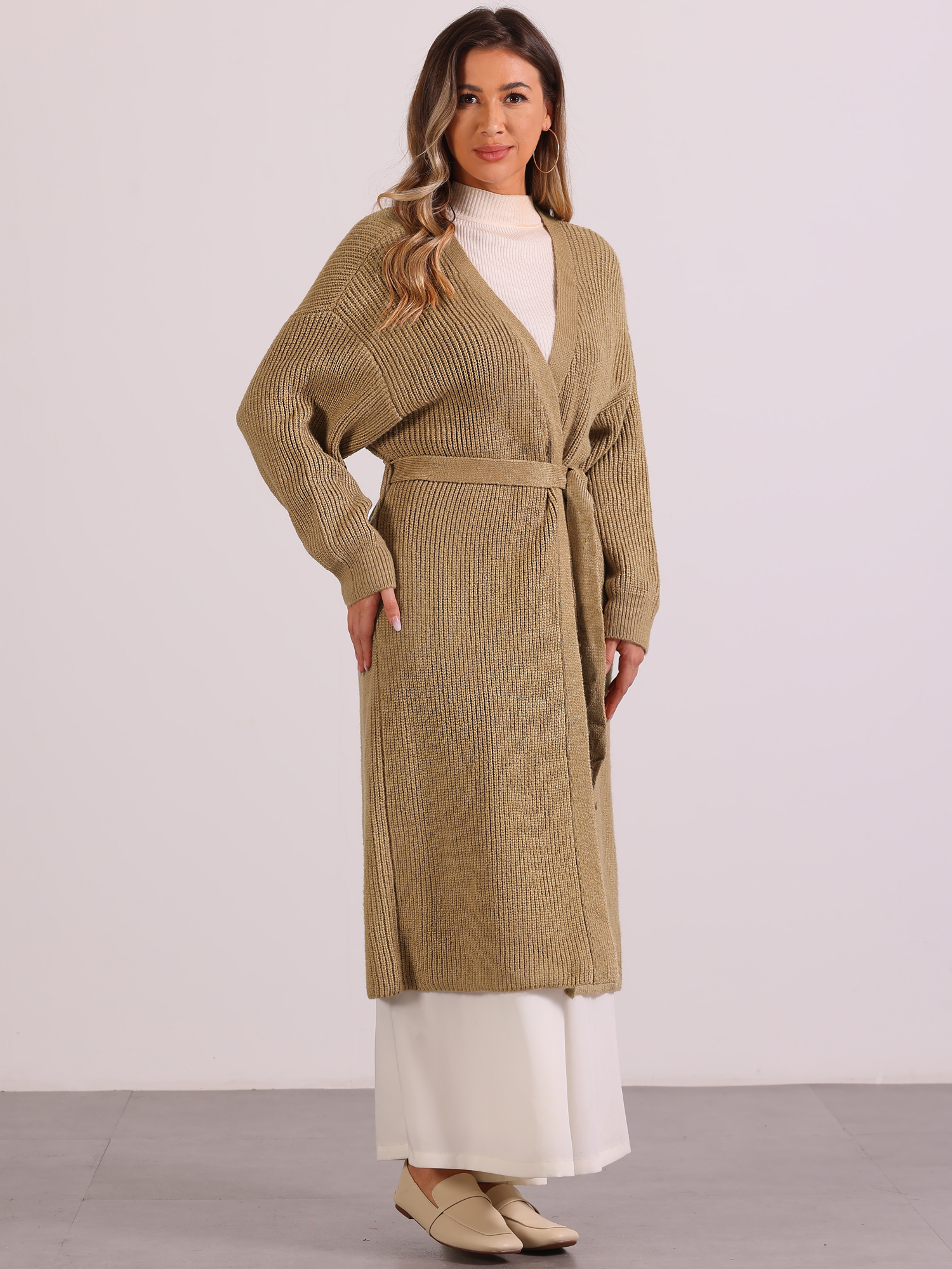 Open Front Long Sleeve Belted Knit Sweater Long Cardigan Khaki/M