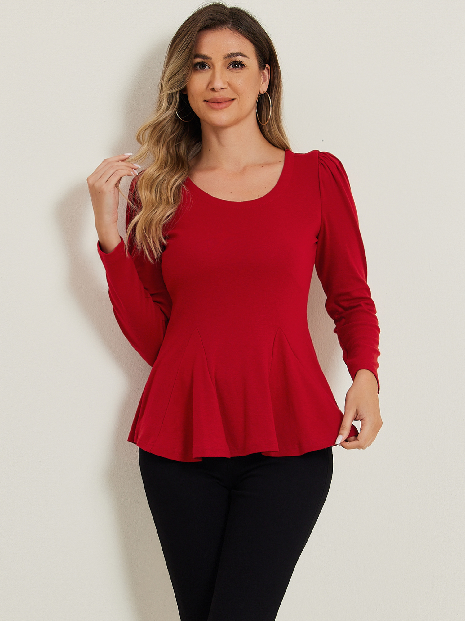 Long Sleeve Scoop Neck Casual Peplum Blouse Red/M
